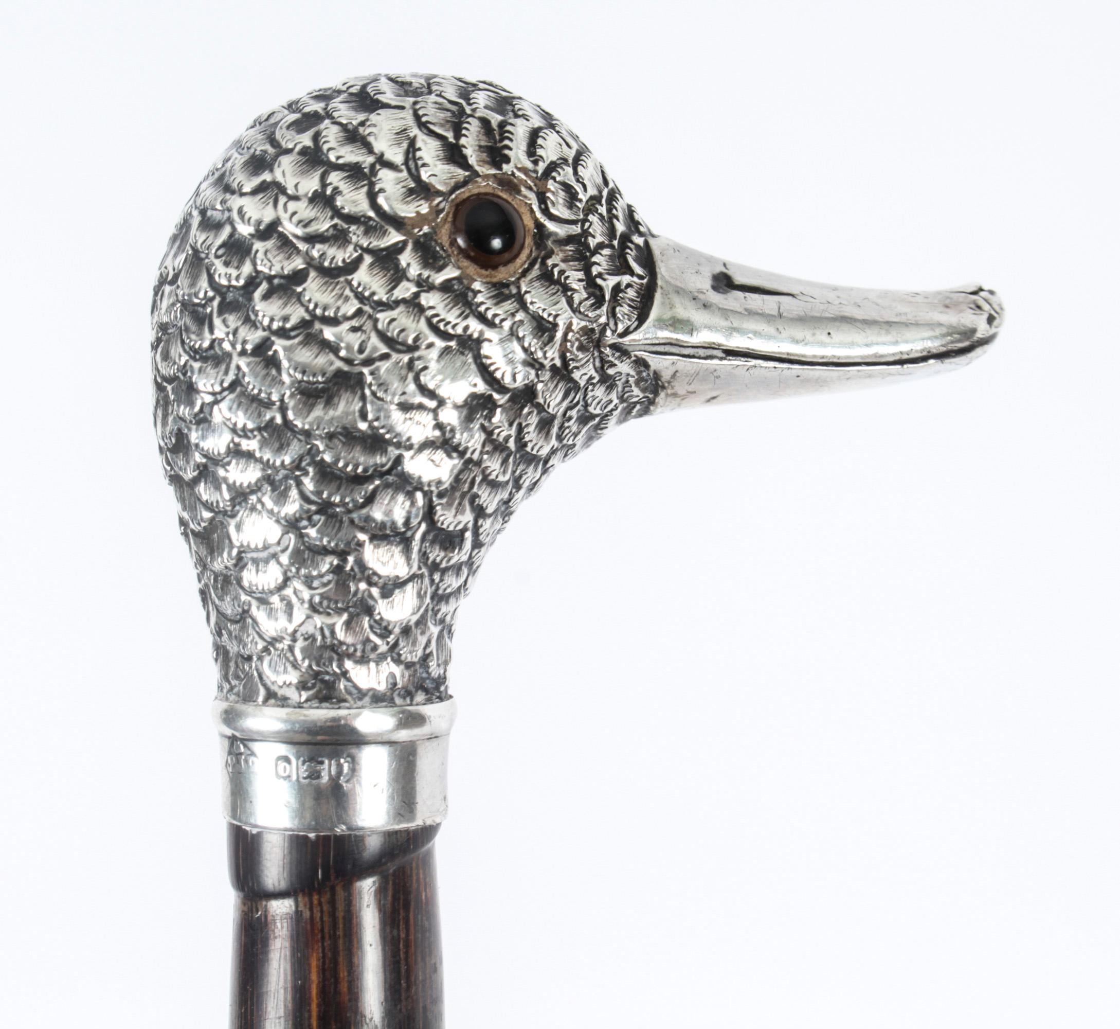 English Antique Walking Stick Cane Sterling Silver Duck Head Handle 1938 20th C