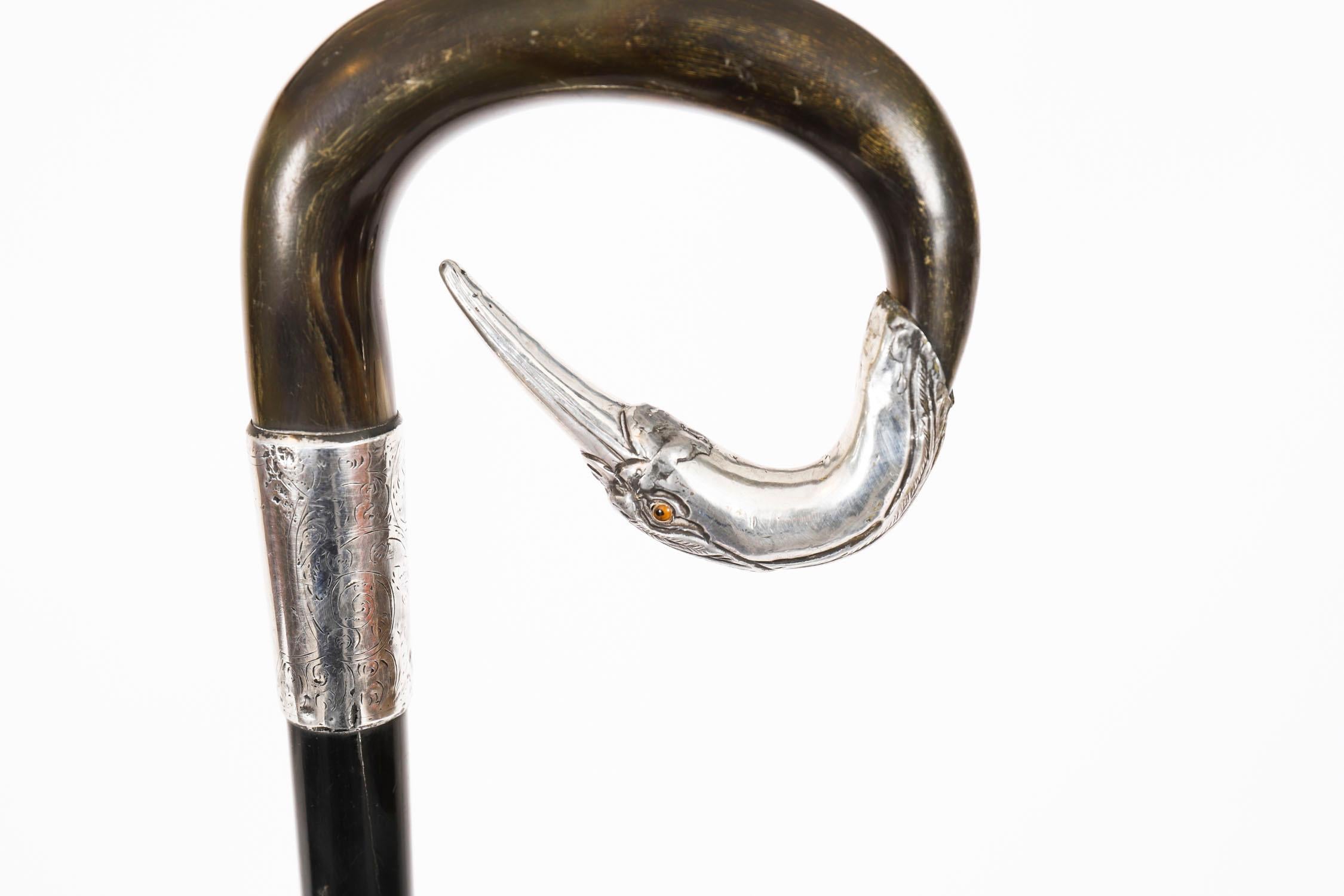 20ième siècle Canne ancienne en argent A Silver Tête de Héron 20ème siècle