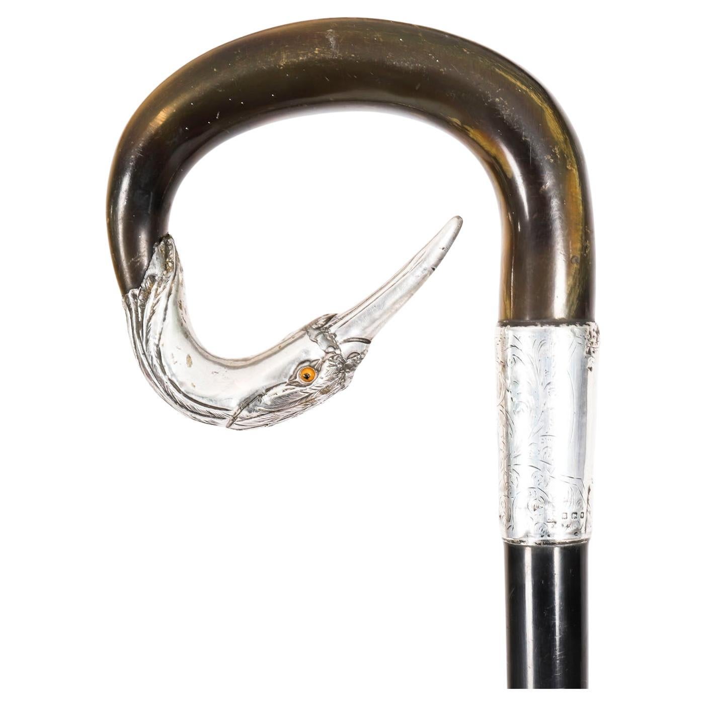Antique Walking Stick Cane Sterling Silver Heron Head 20th Century