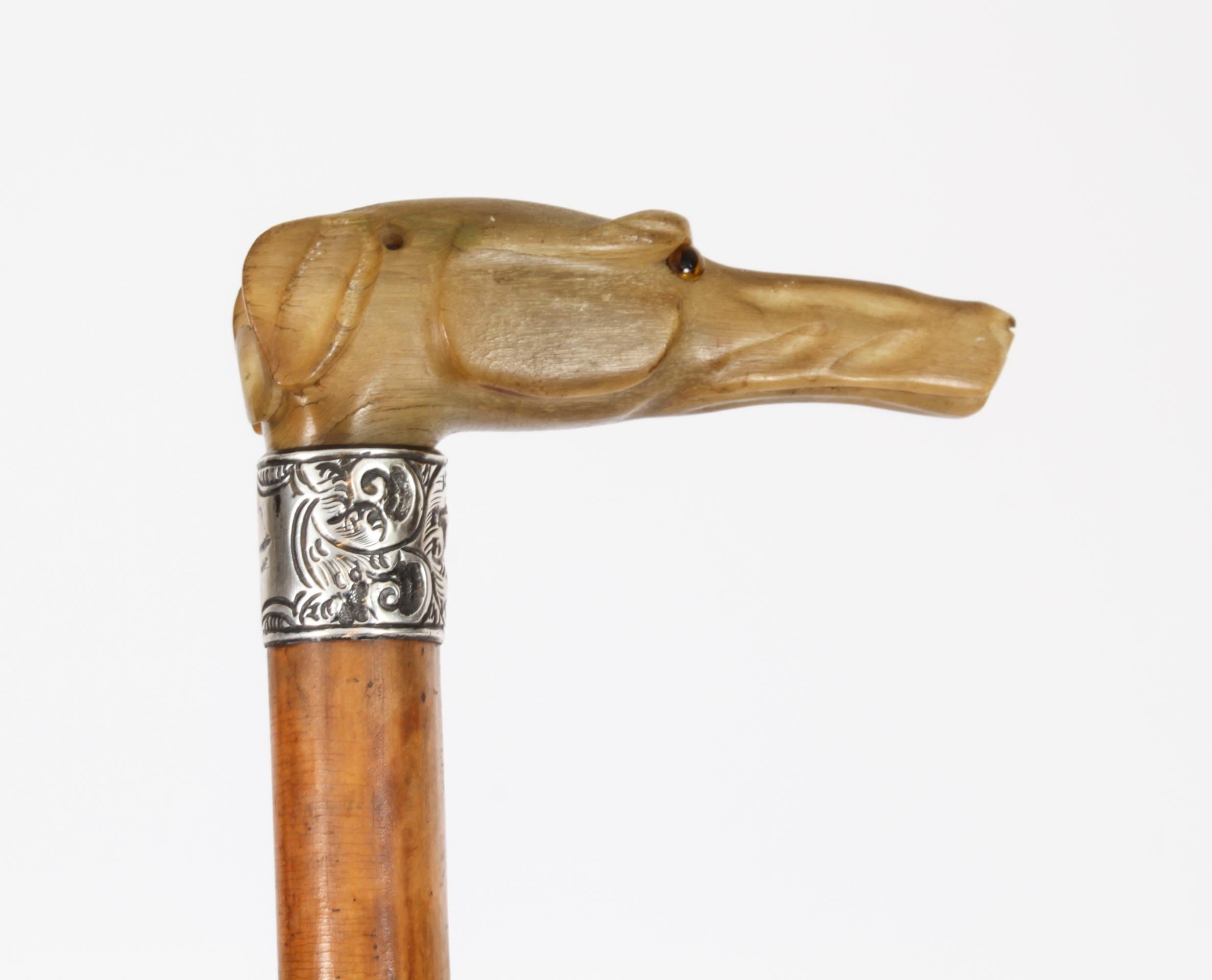 Antique Walking Stick Cane with Carved Greyhound Handle Dated 1874s In Good Condition For Sale In London, GB