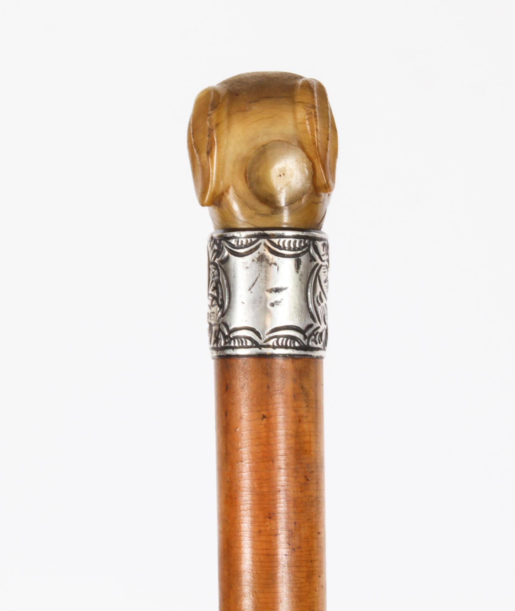 Late 19th Century Antique Walking Stick Cane with Carved Greyhound Handle Dated 1874s For Sale