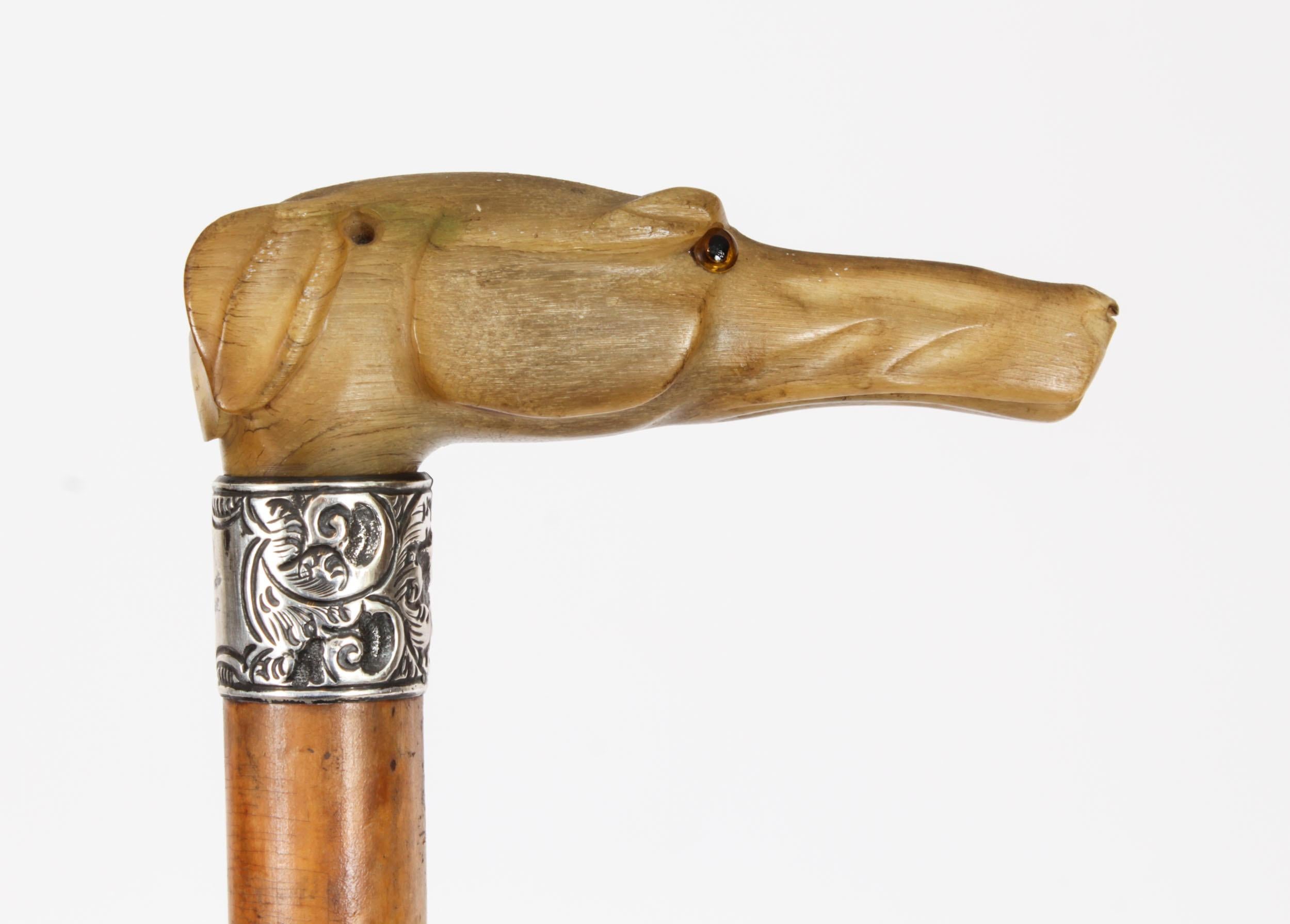 Antique Walking Stick Cane with Carved Greyhound Handle Dated 1874s For Sale 4