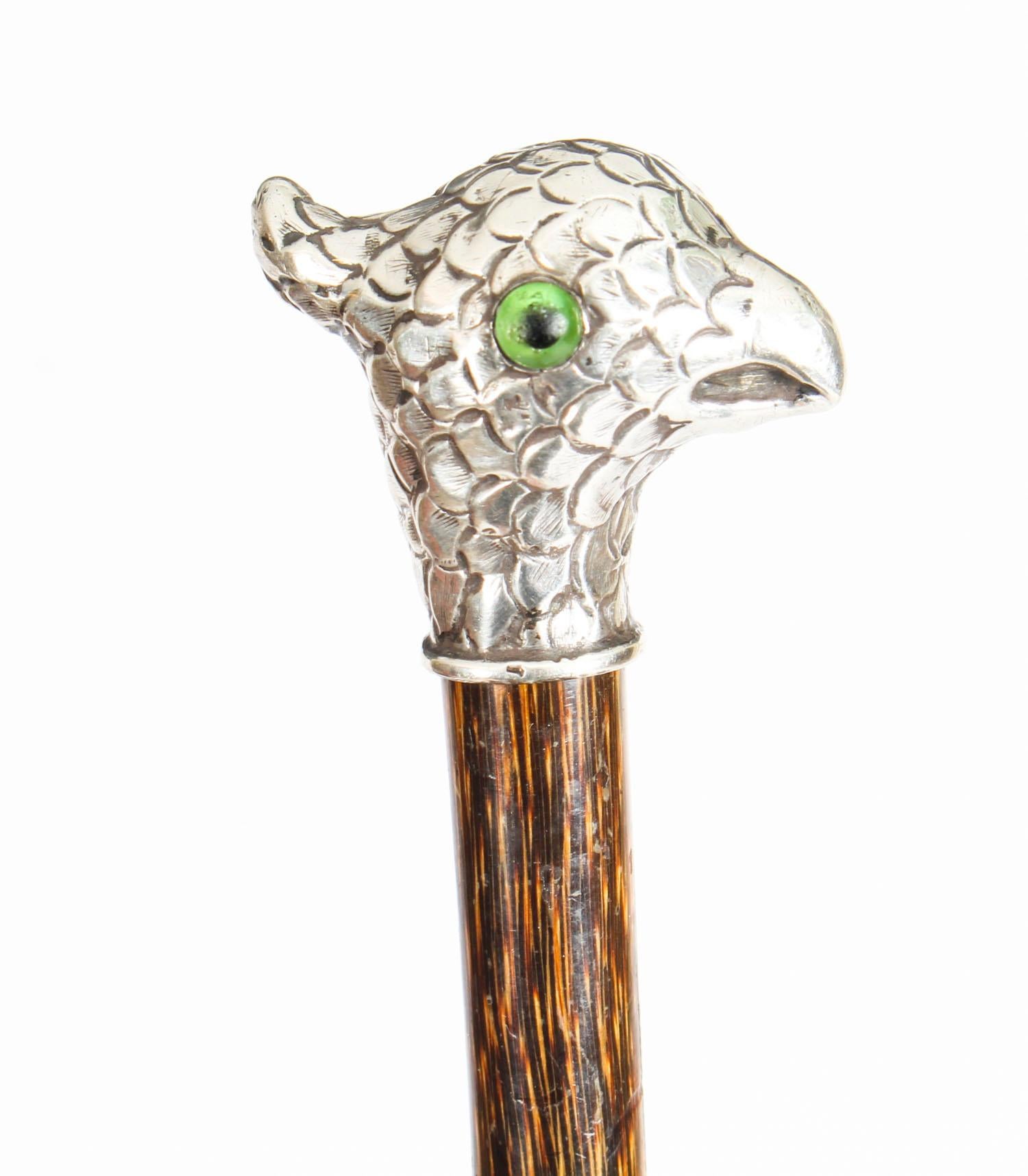 This is a superb French novelty ornithological sterling silver-mounted parakeet and Malacca walking stick, indistinctly hallmarked, circa 1900, circa 20th century.
 
This charming walking cane features a splendid naturalistic bijou handle as a