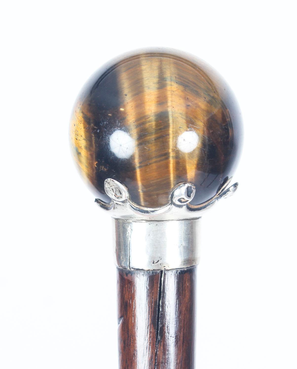 This is a marvellous, antique gentleman's cane with a sphere tigers eye handle and a sterling silver collar with rubbed marks, late 19th century in date.

The Malacca shaft is complete with its original bi-metal ferrule.

Add this useful