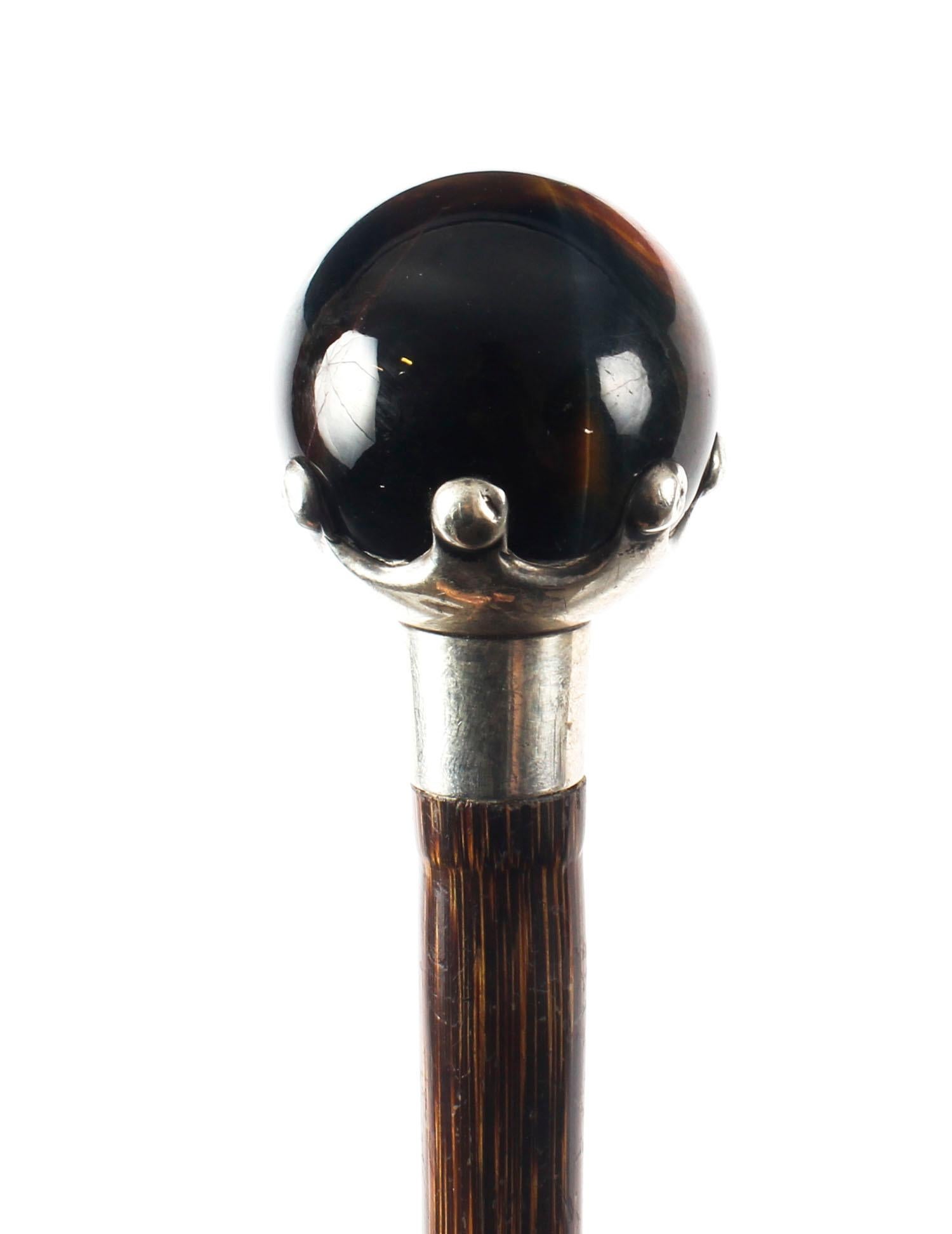 Silver Antique Walking Stick Cane with Tiger's Eye Late 19th Century, London, 1889