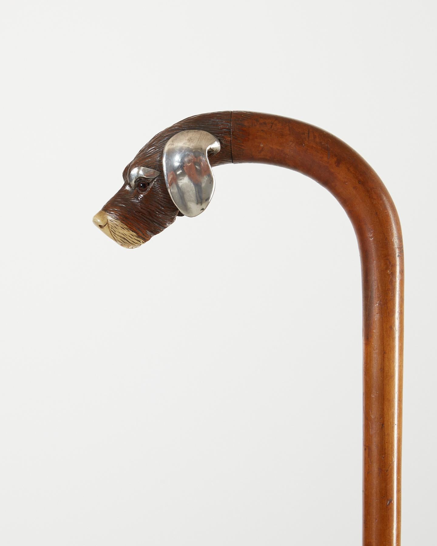 French Antique Walking Stick Carved Head of Dog with Silver Detail France Circa 1900