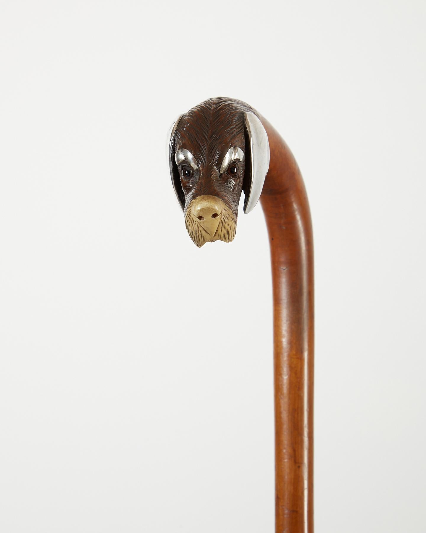 Antique Walking Stick Carved Head of Dog with Silver Detail France Circa 1900  In Excellent Condition For Sale In London, GB