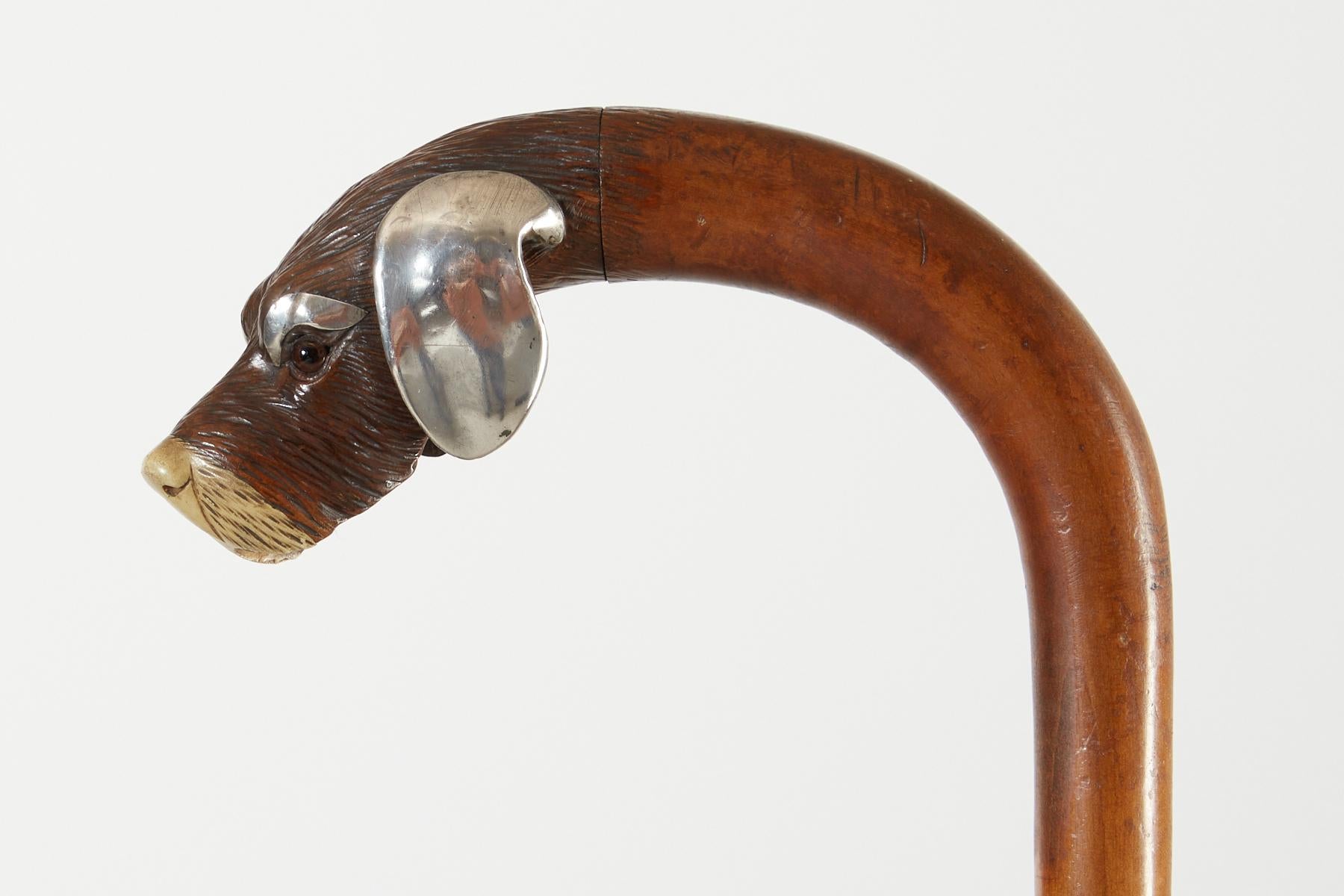 20th Century Antique Walking Stick Carved Head of Dog with Silver Detail France Circa 1900  For Sale