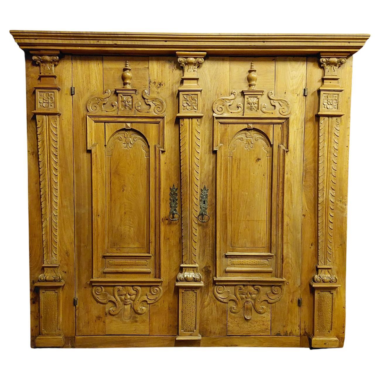 Antique Wall Cabinet, Cupboard, Richly Carved in Walnut, 18th Century, Italy For Sale