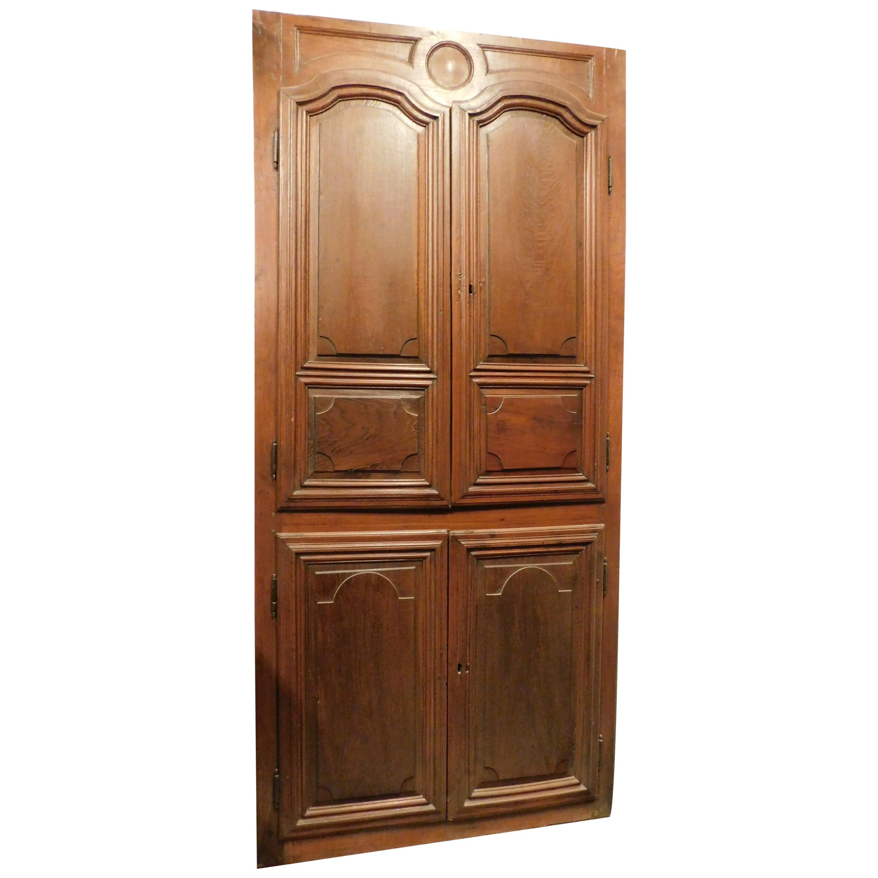 Antique Wall Cabinet Door Placard Carved Walnut, Four Doors, 18th Century, Italy For Sale