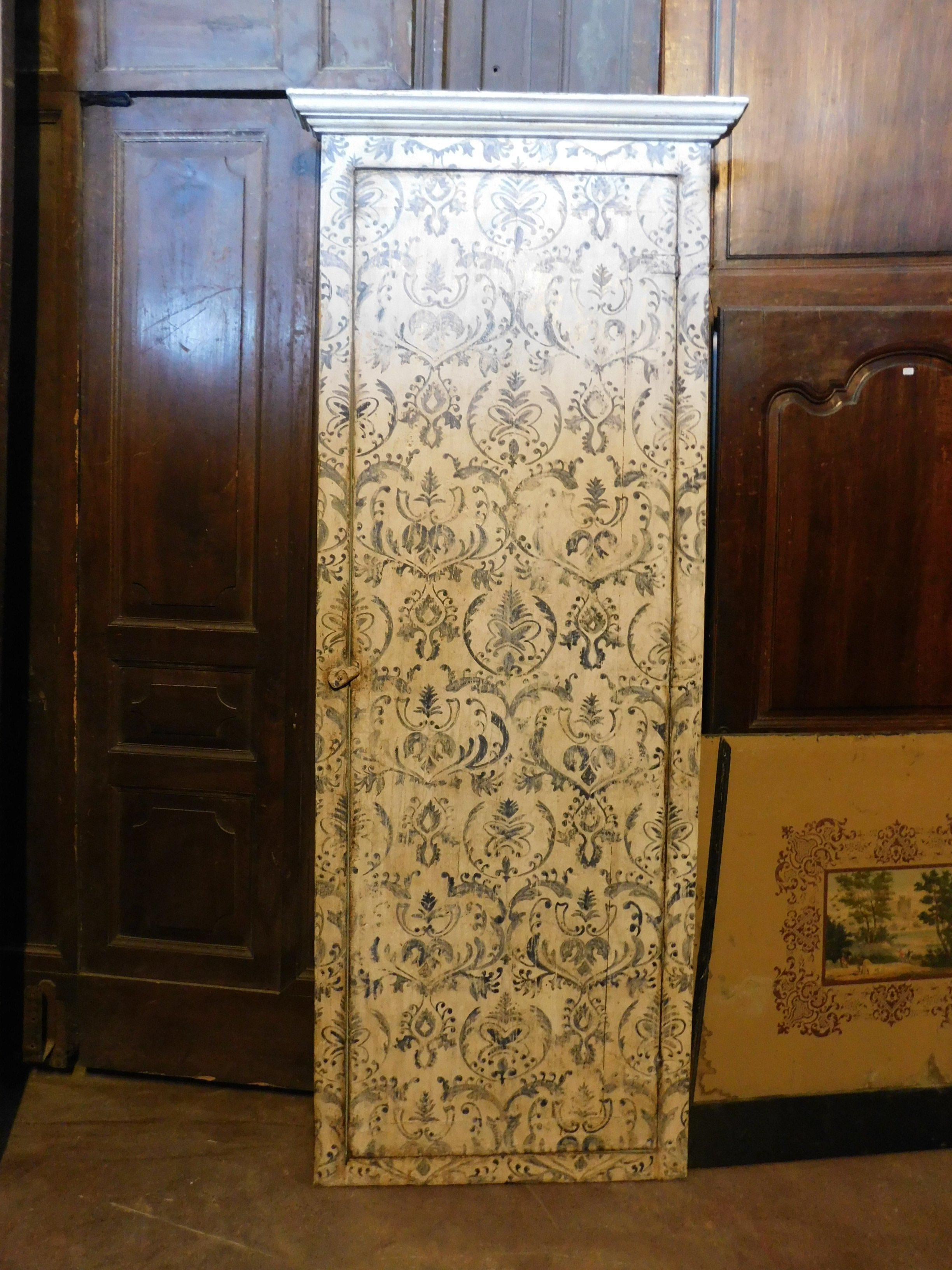 Italian Antique Wall Cabinet, Placard, Door, Painted Lilies with Upholstery, Italy, 1800