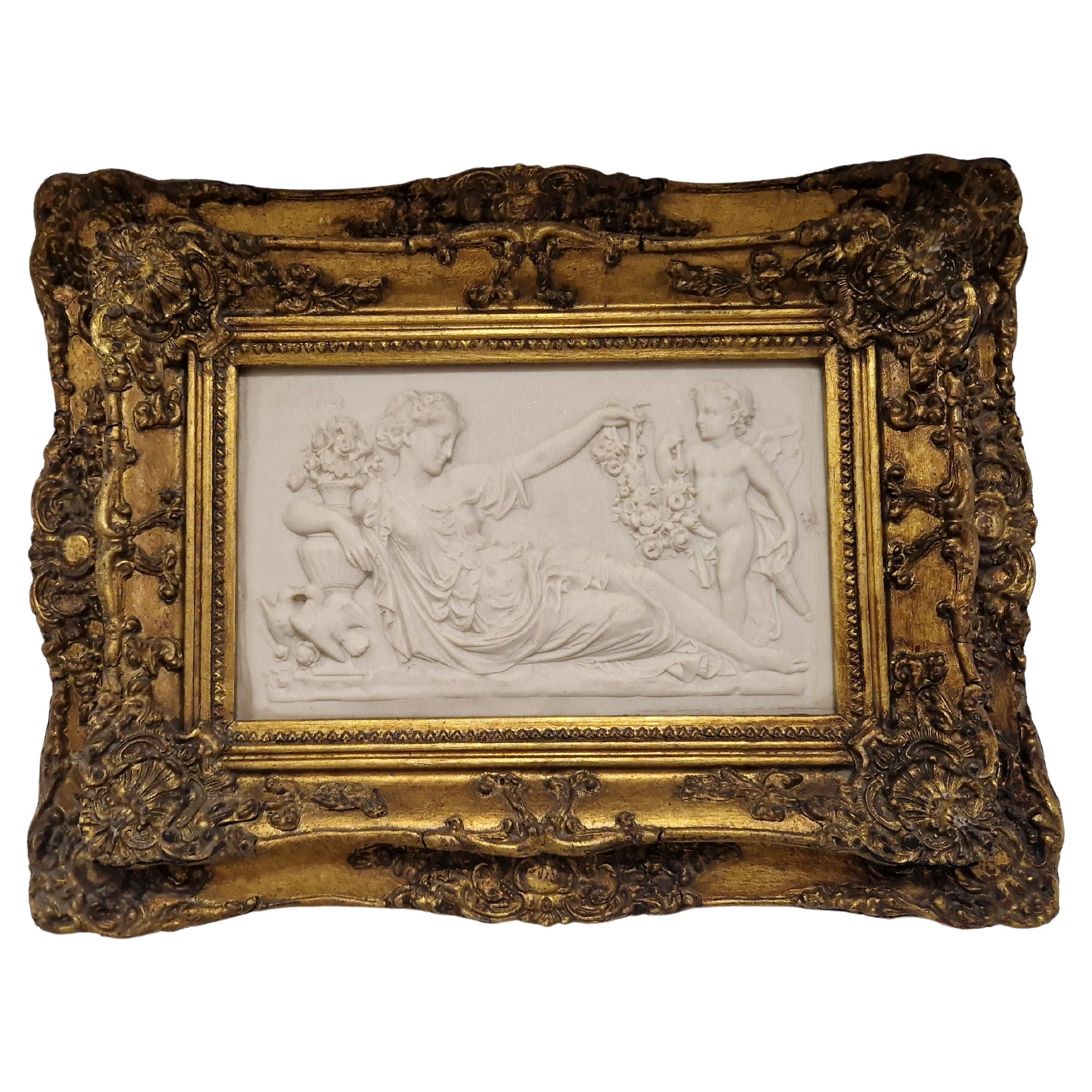 Antique Wall Carving 19th Century Bas Relief in Gilt Rococo Frame in vendita