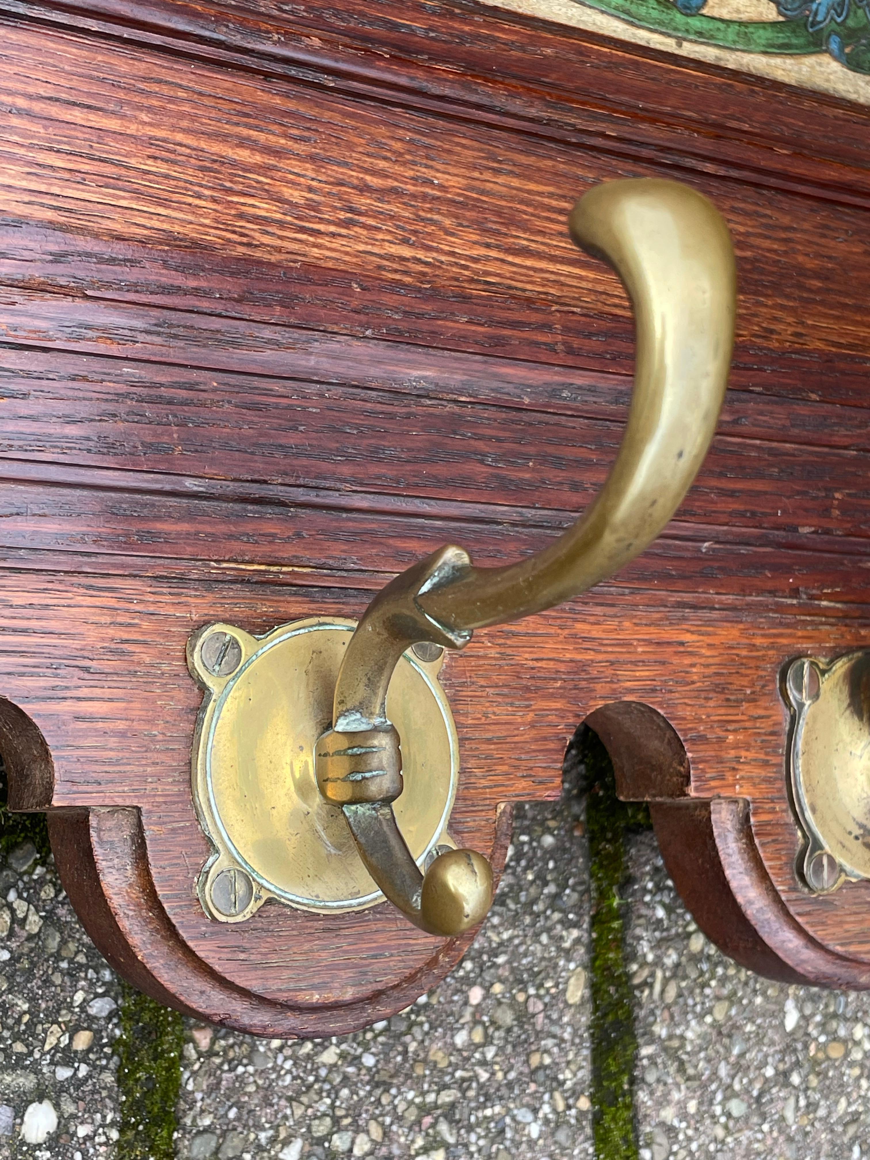 Antique Wall / Corner Coat Rack w Carved Rams & Embossed Leather by M.J. Slager For Sale 8