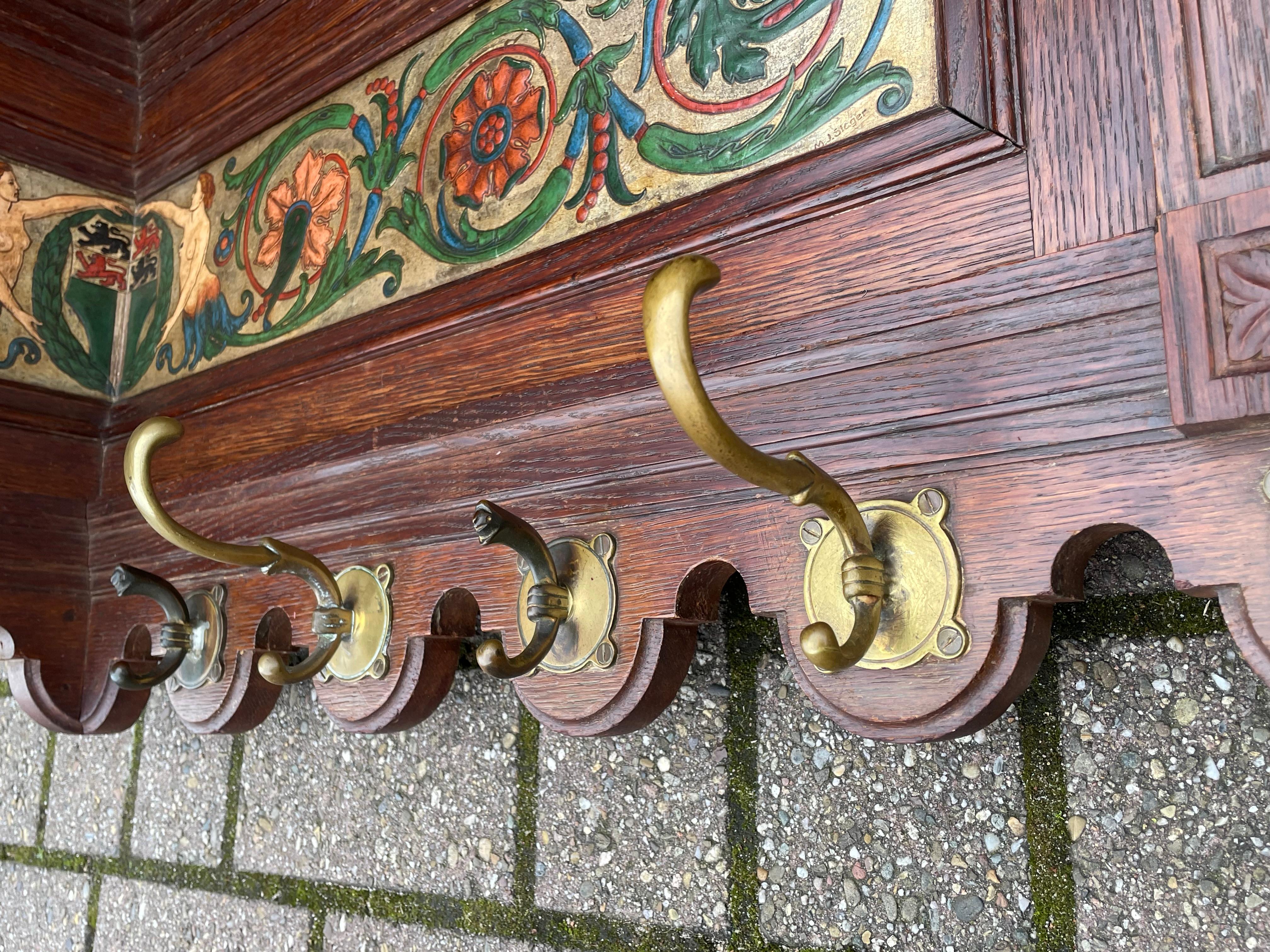 Antique Wall / Corner Coat Rack w Carved Rams & Embossed Leather by M.J. Slager In Good Condition For Sale In Lisse, NL