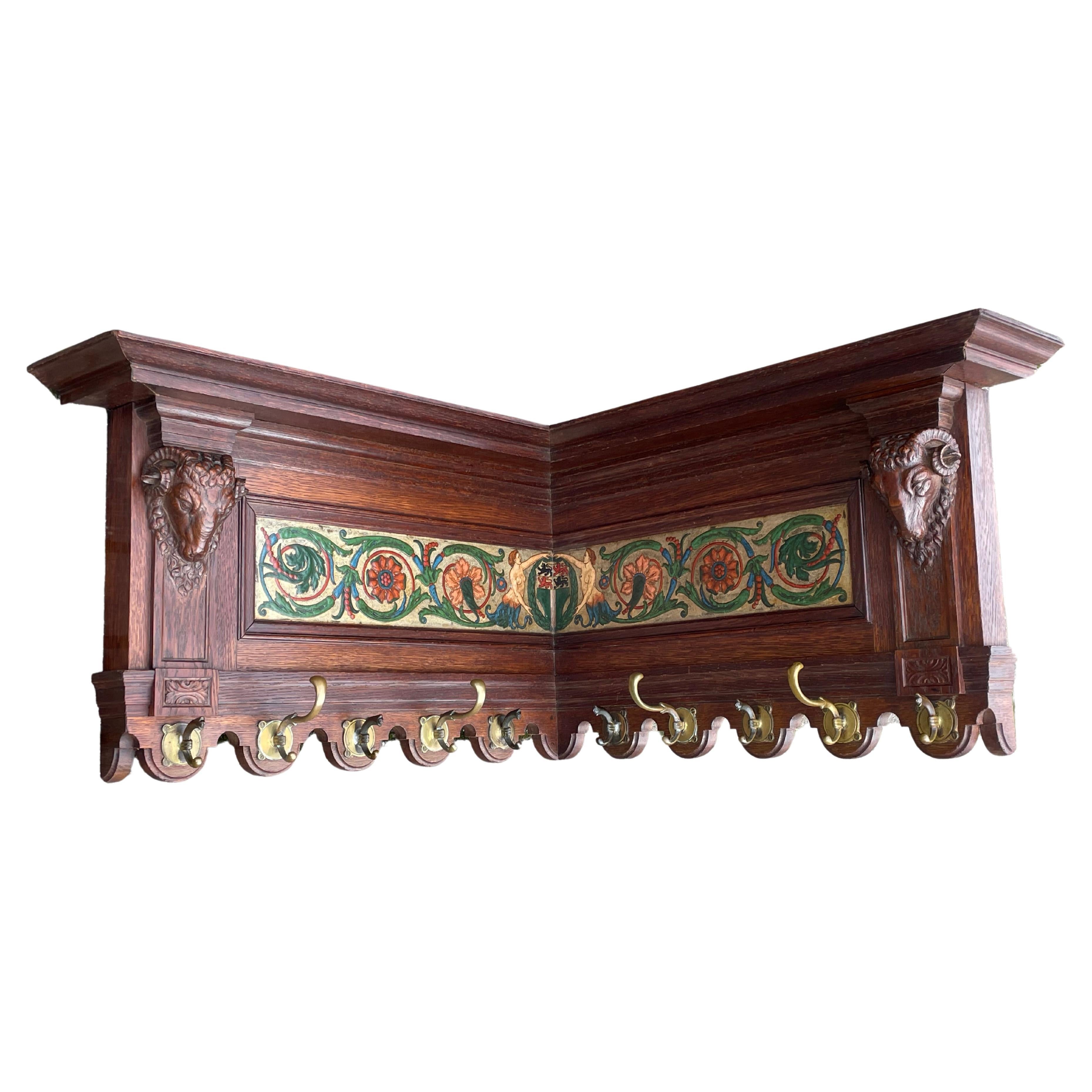 Antique Wall / Corner Coat Rack w Carved Rams & Embossed Leather by M.J. Slager For Sale