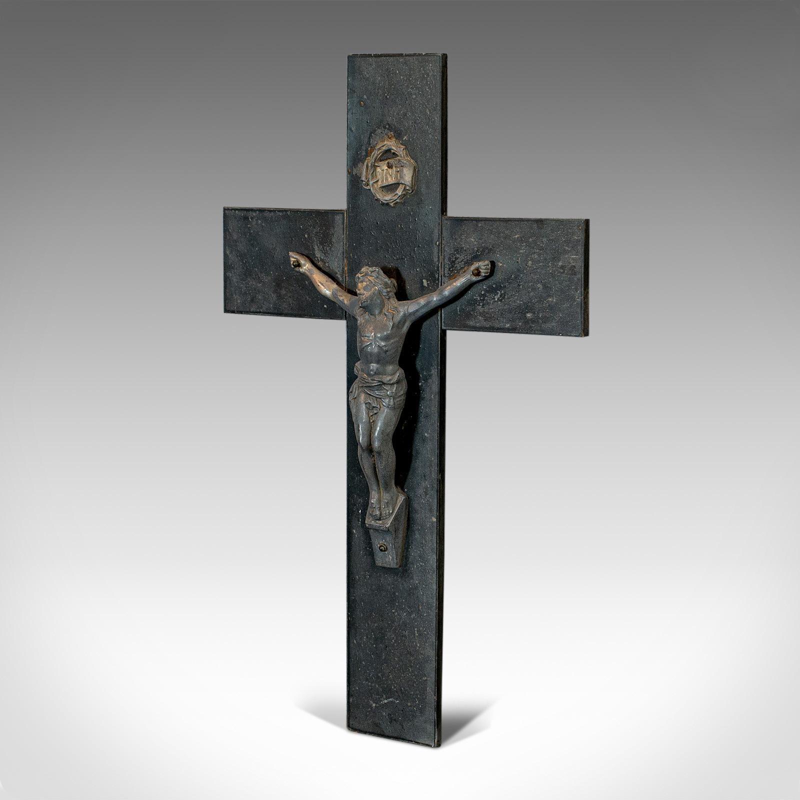 Late Victorian Antique Wall Crucifix, English, Bronze Spelter, Slate, Jesus Christ on Cross