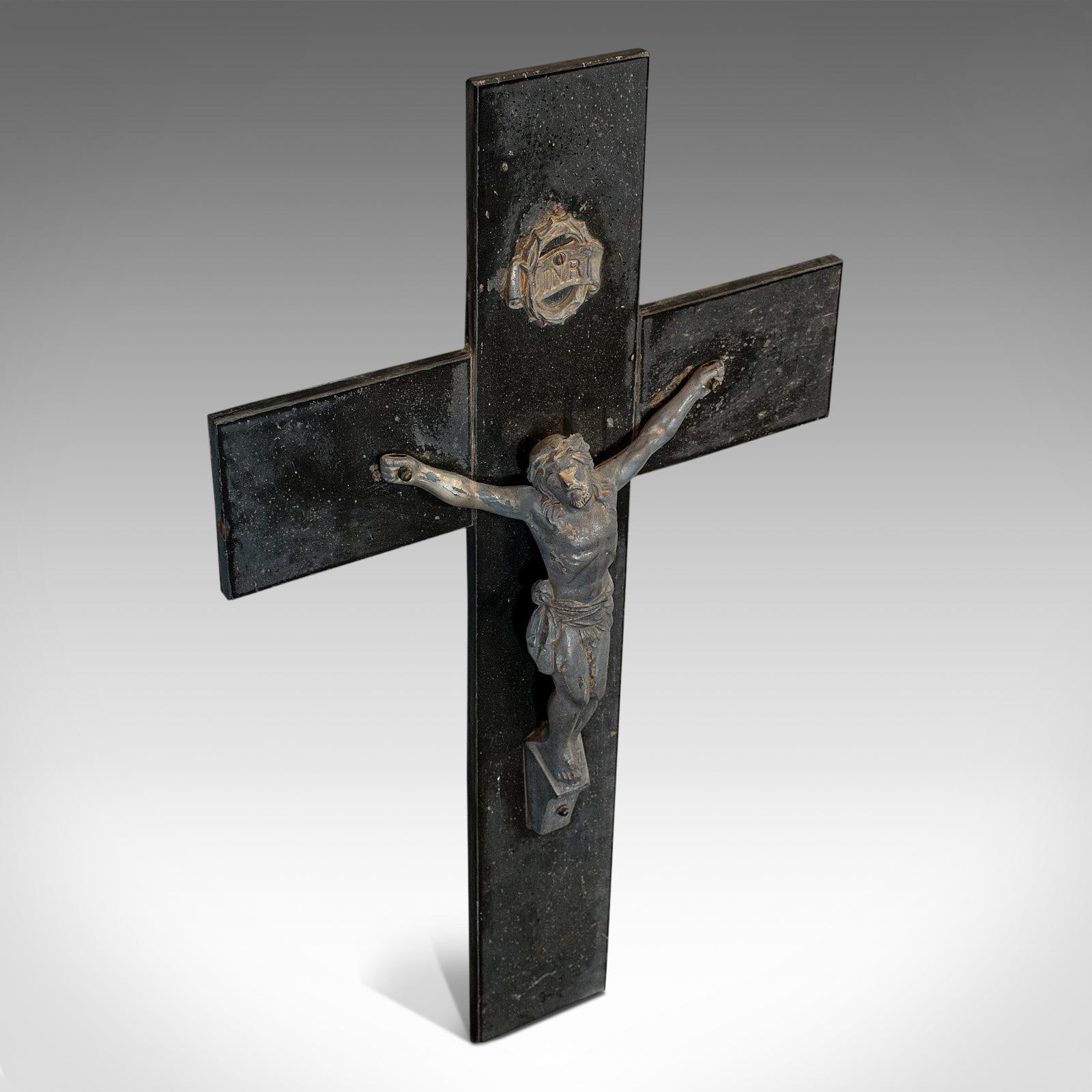 Antique Wall Crucifix, English, Bronze Spelter, Slate, Jesus Christ on Cross In Good Condition In Hele, Devon, GB