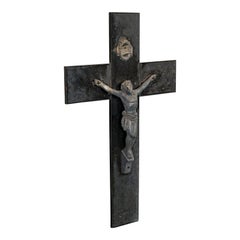 Antique Wall Crucifix, English, Bronze Spelter, Slate, Jesus Christ on Cross