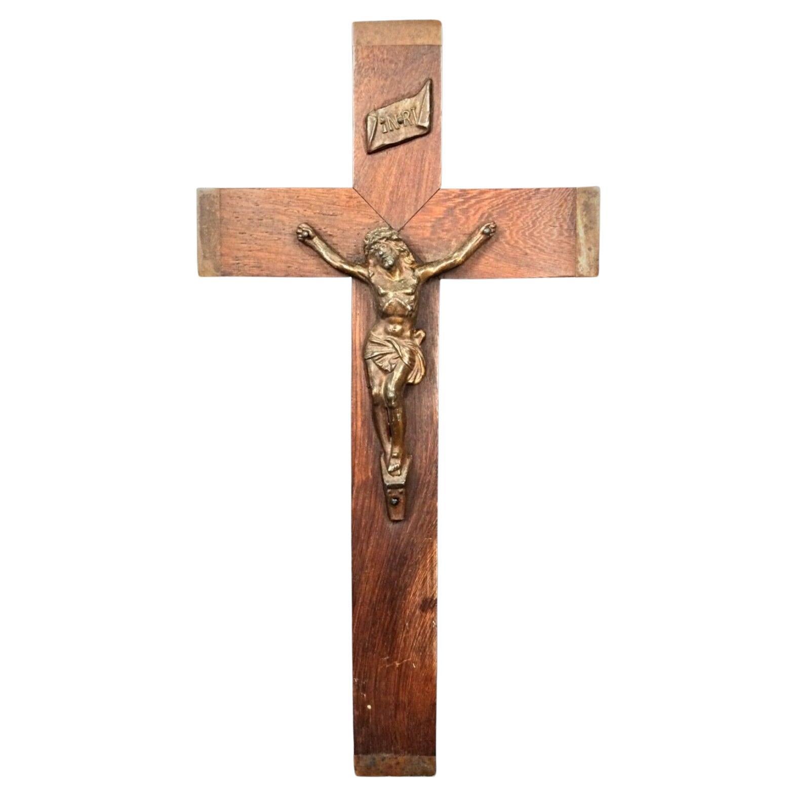 Antique Wall Crucifix in Wood and Regule – Esoteric Religious Art - 2Y271
