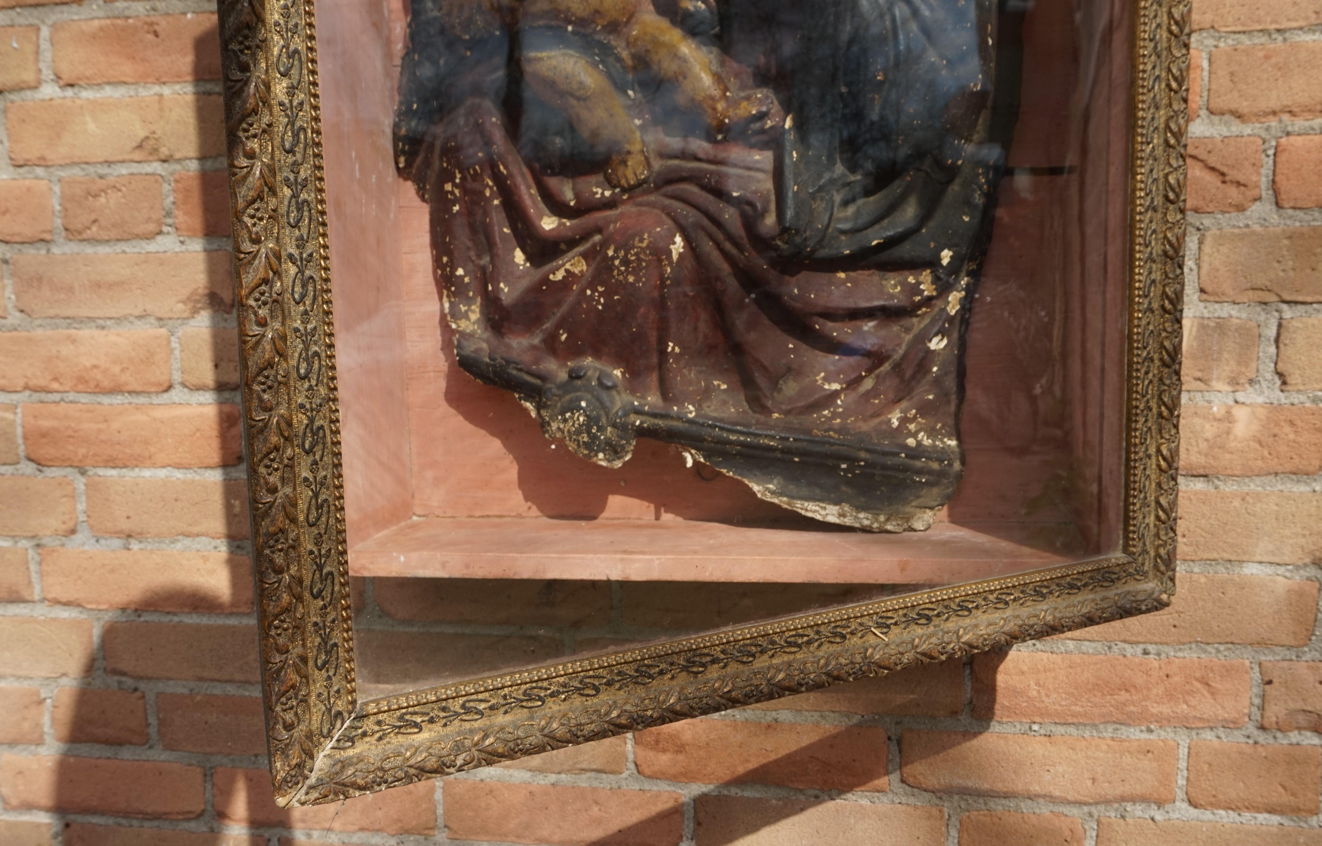 Antique Wall Display Cabinet with a Rare Mary & Child Jesus Sculpture Fragment For Sale 6