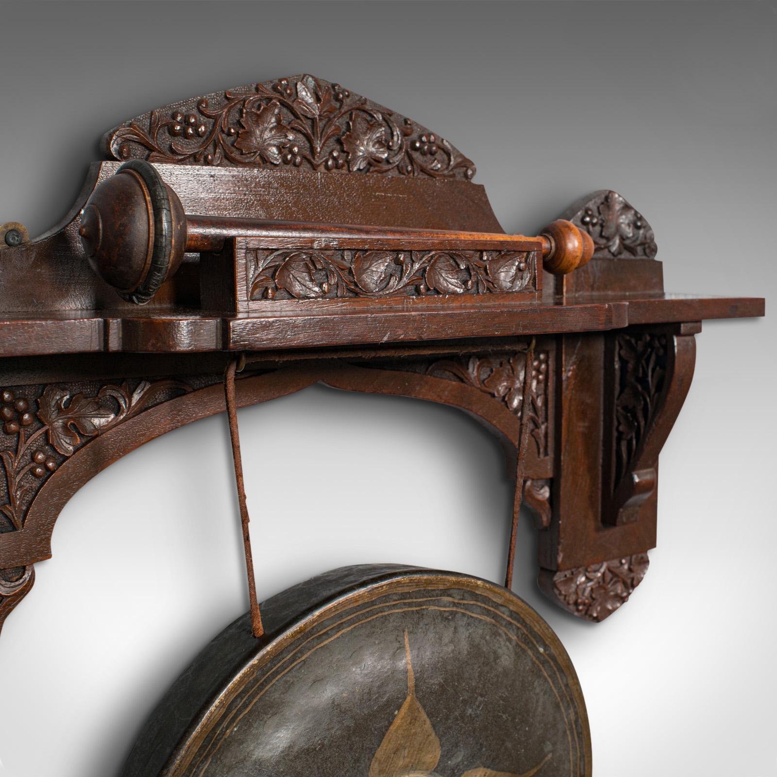 Antique Wall Gong, Indian, Oak, Dinner, Ceremonial Monastery Chime, Circa 1900 1