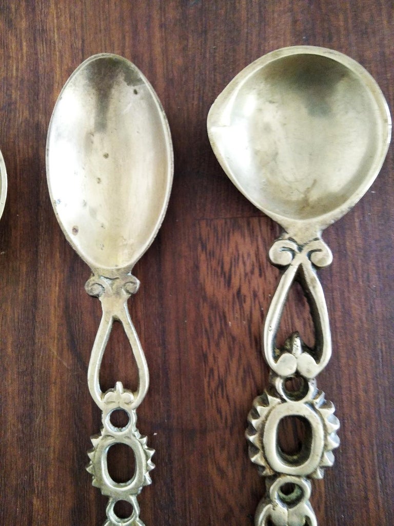 Antique Wall Kitchen Decor Brass Bronze Spoons Vintage Kitchen Utensils, Spain For Sale 6
