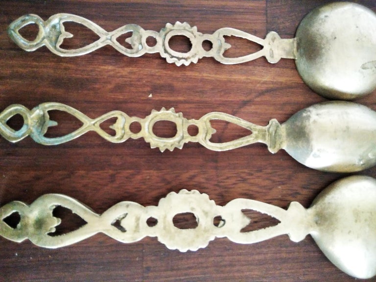 Antique Wall Kitchen Decor Brass Bronze Spoons Vintage Kitchen Utensils, Spain For Sale 8