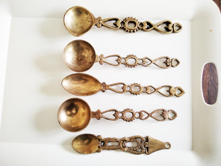 Art Nouveau Antique Wall Kitchen Decor Brass Bronze Spoons Vintage Kitchen Utensils, Spain For Sale