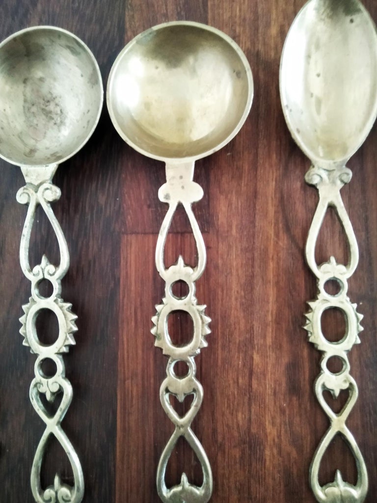 Antique Wall Kitchen Decor Brass Bronze Spoons Vintage Kitchen Utensils, Spain For Sale 1