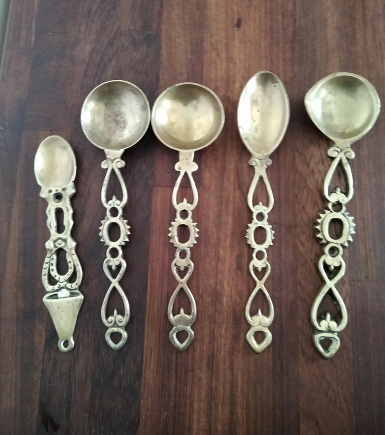 Antique Wall Kitchen Decor Brass Bronze Spoons Vintage Kitchen Utensils, Spain For Sale 2