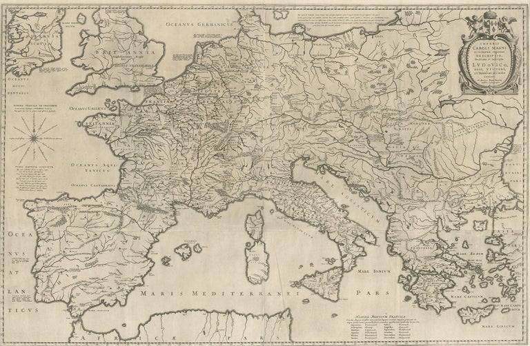 Antique map titled 'Imperii Caroli Magni et vicinarum regionum descriptio'. Rare, large four-sheet map covering the Empire of Charlemagne, including part of the England and Ireland, all of Sicily, Sardinia, Malta and Corscia and Greece, and part of