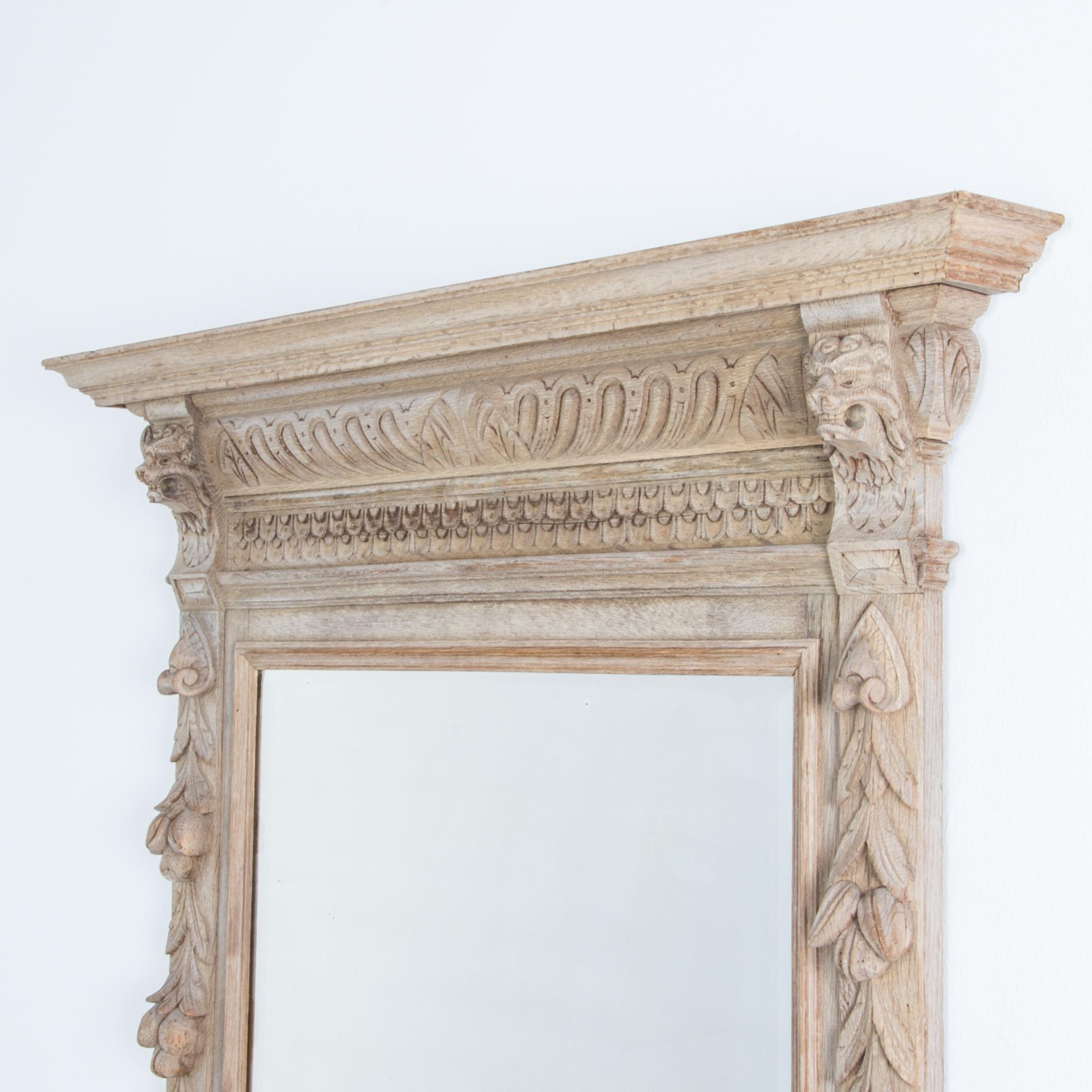 Bleached Antique Wall Mirror with Carved Wooden Frame