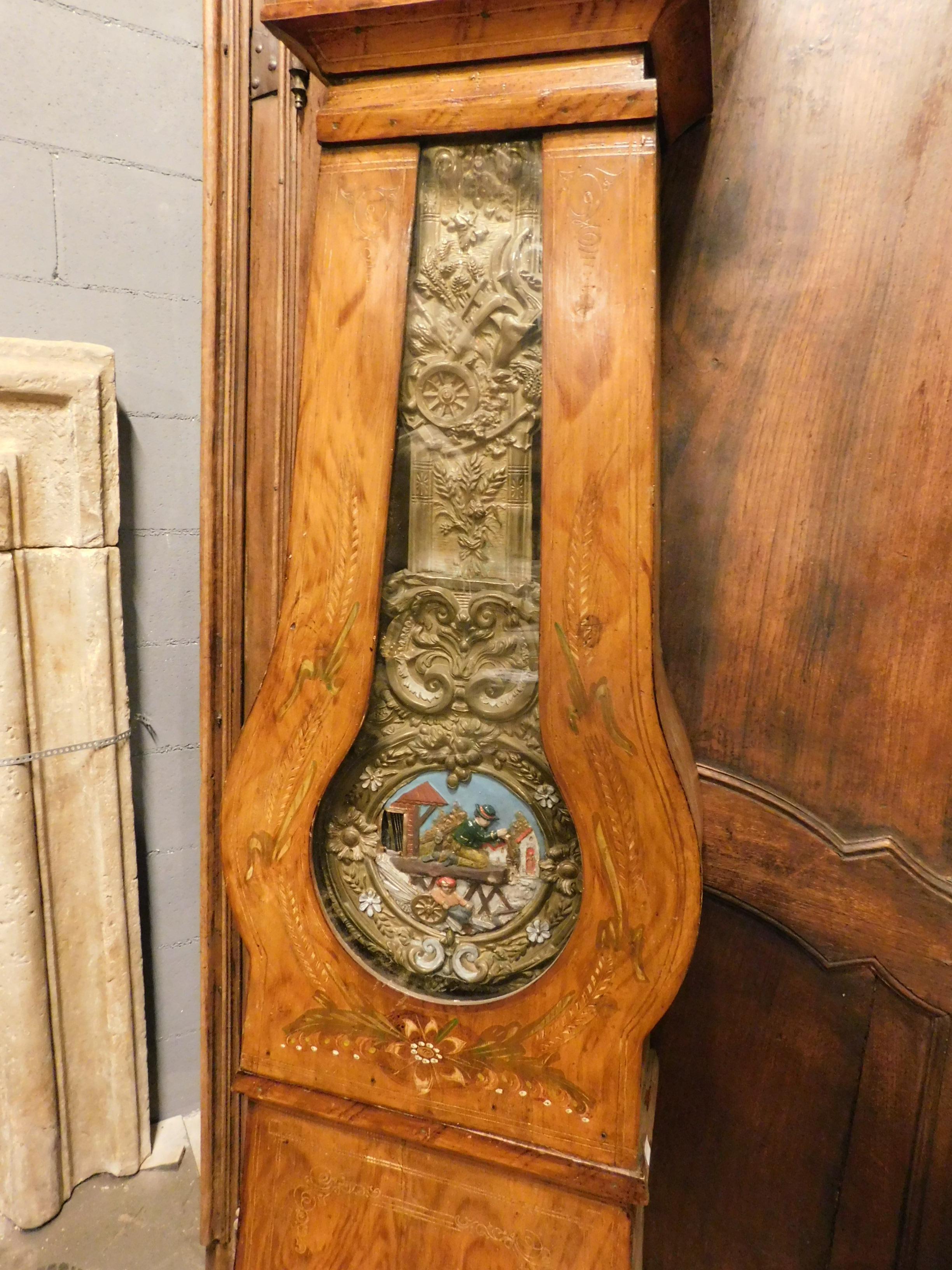 Hand-Carved Antique Wall Pendulum in Painted Wood, 19th Century France