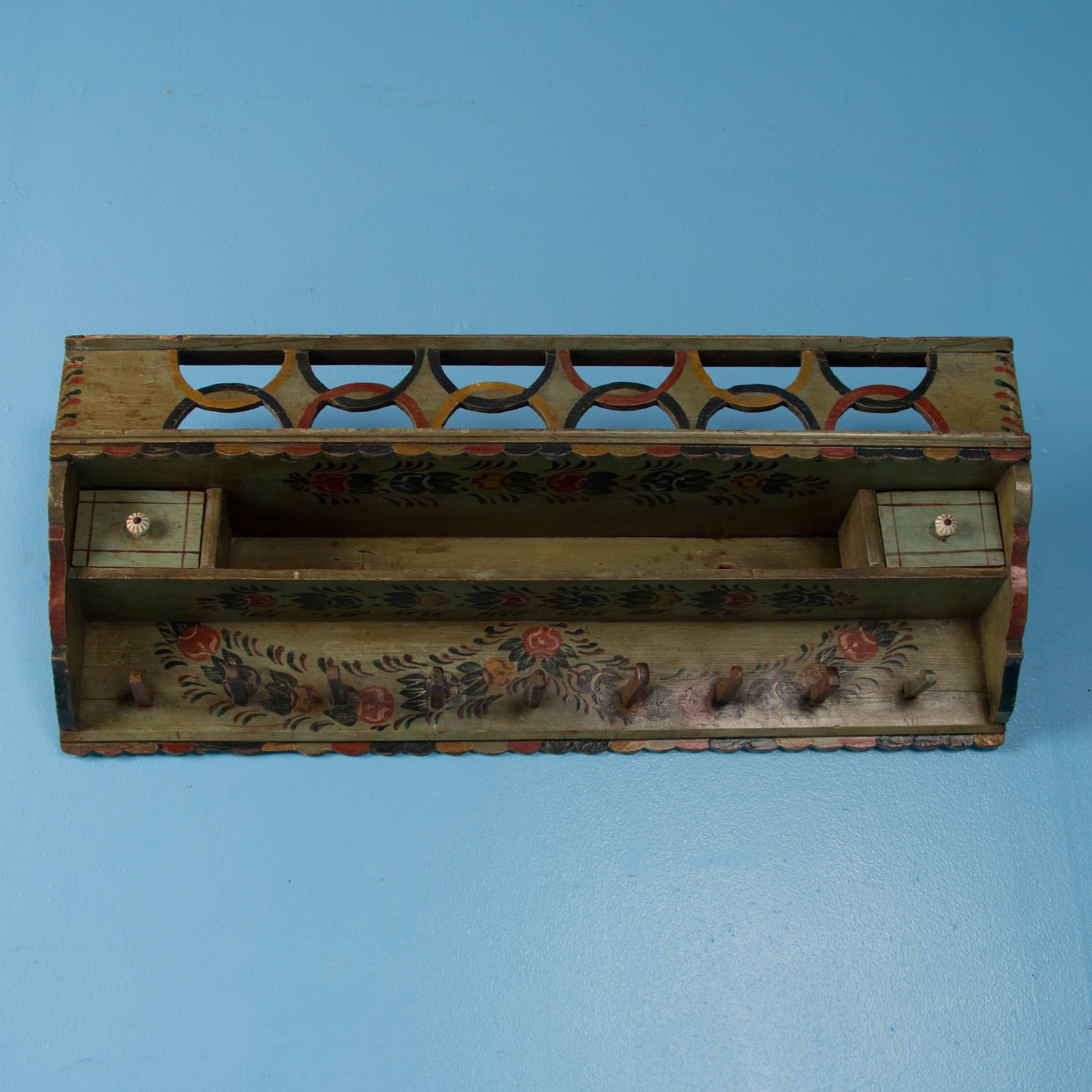 Hungarian Antique Wall Rack from Hungary with Original Green Folk Art Paint