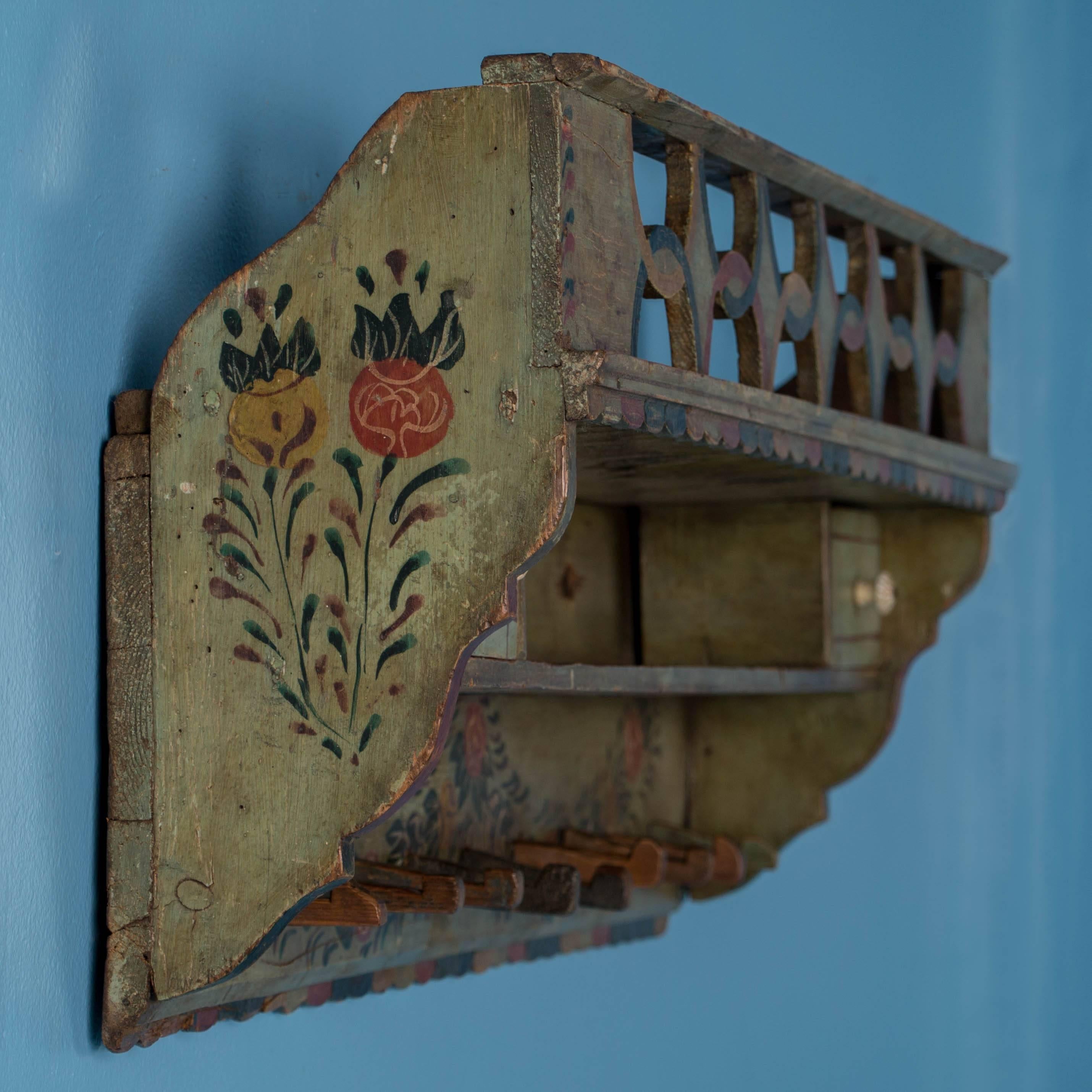 Antique Wall Rack from Hungary with Original Green Folk Art Paint In Good Condition In Round Top, TX