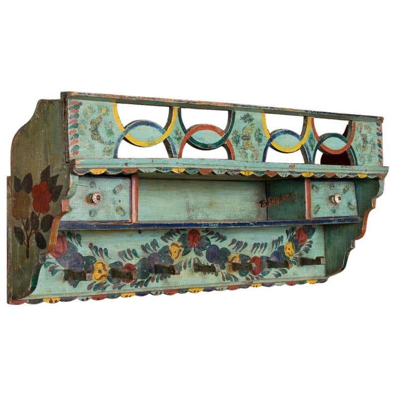 Antique Wall Rack With Original Green Folk Art Paint at 1stDibs