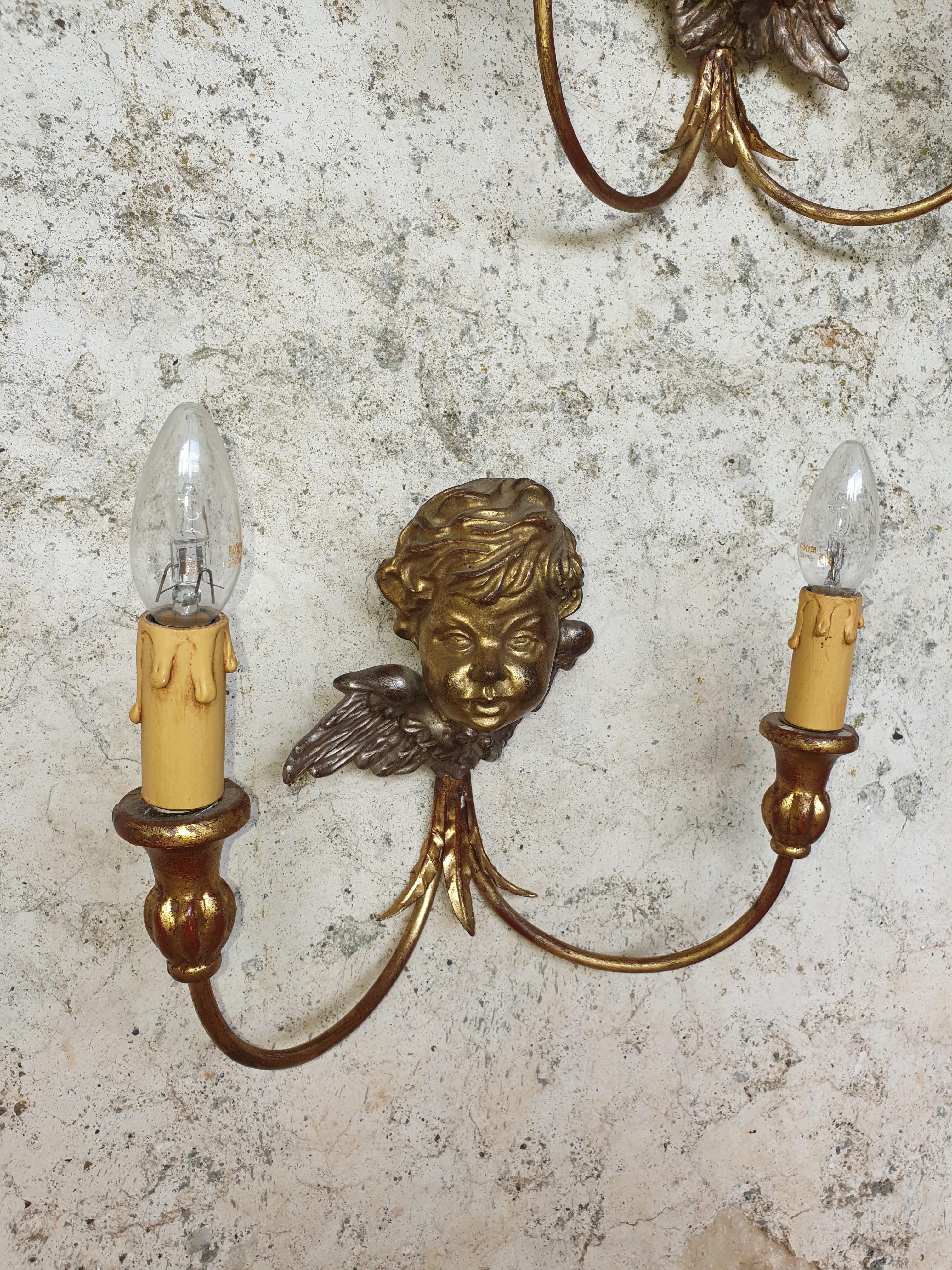 Antique Wall Sconces Gold French Cherub Wooden Bust Lights For Sale 4