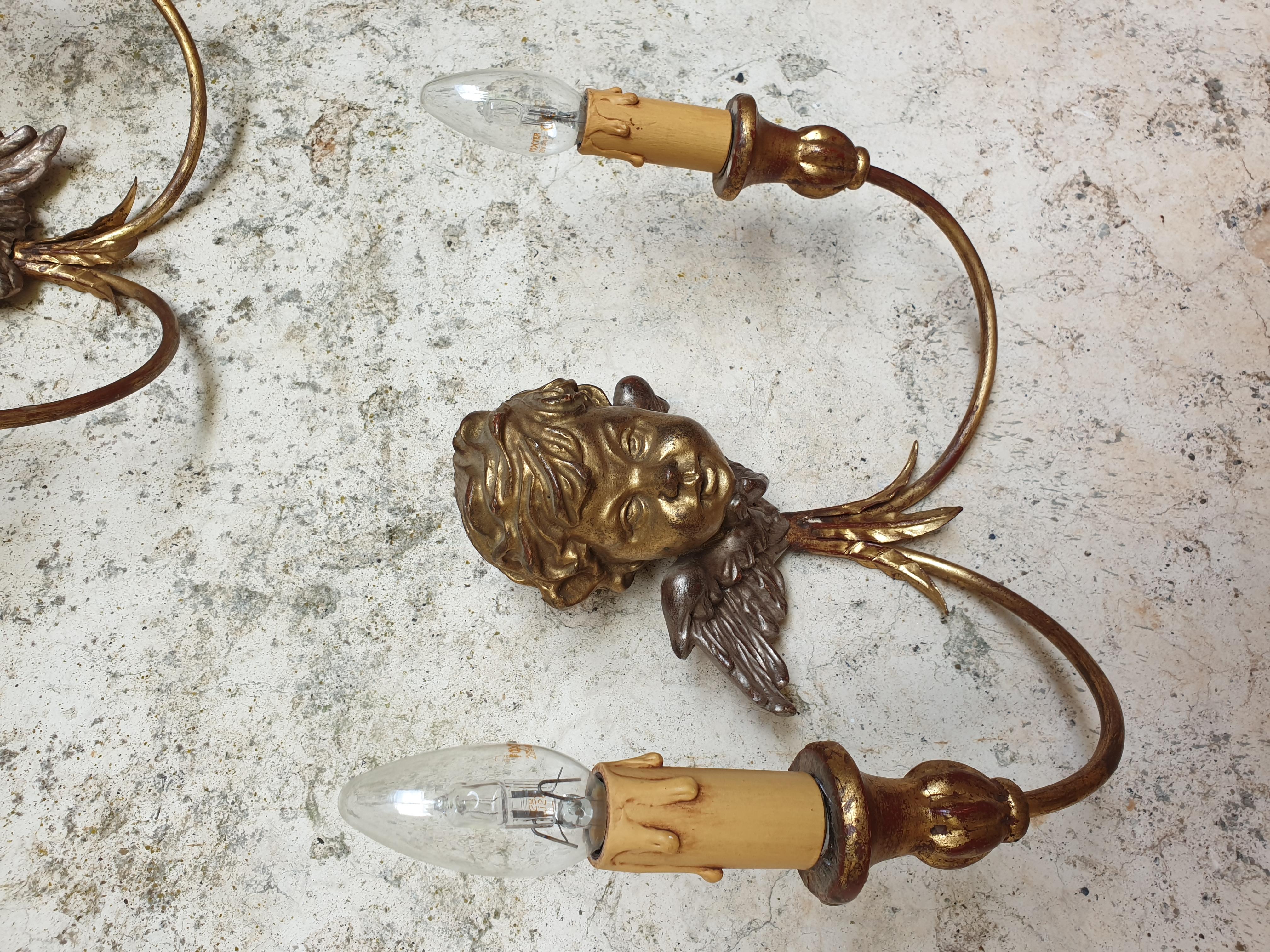 Antique Wall Sconces Gold French Cherub Wooden Bust Lights For Sale 4
