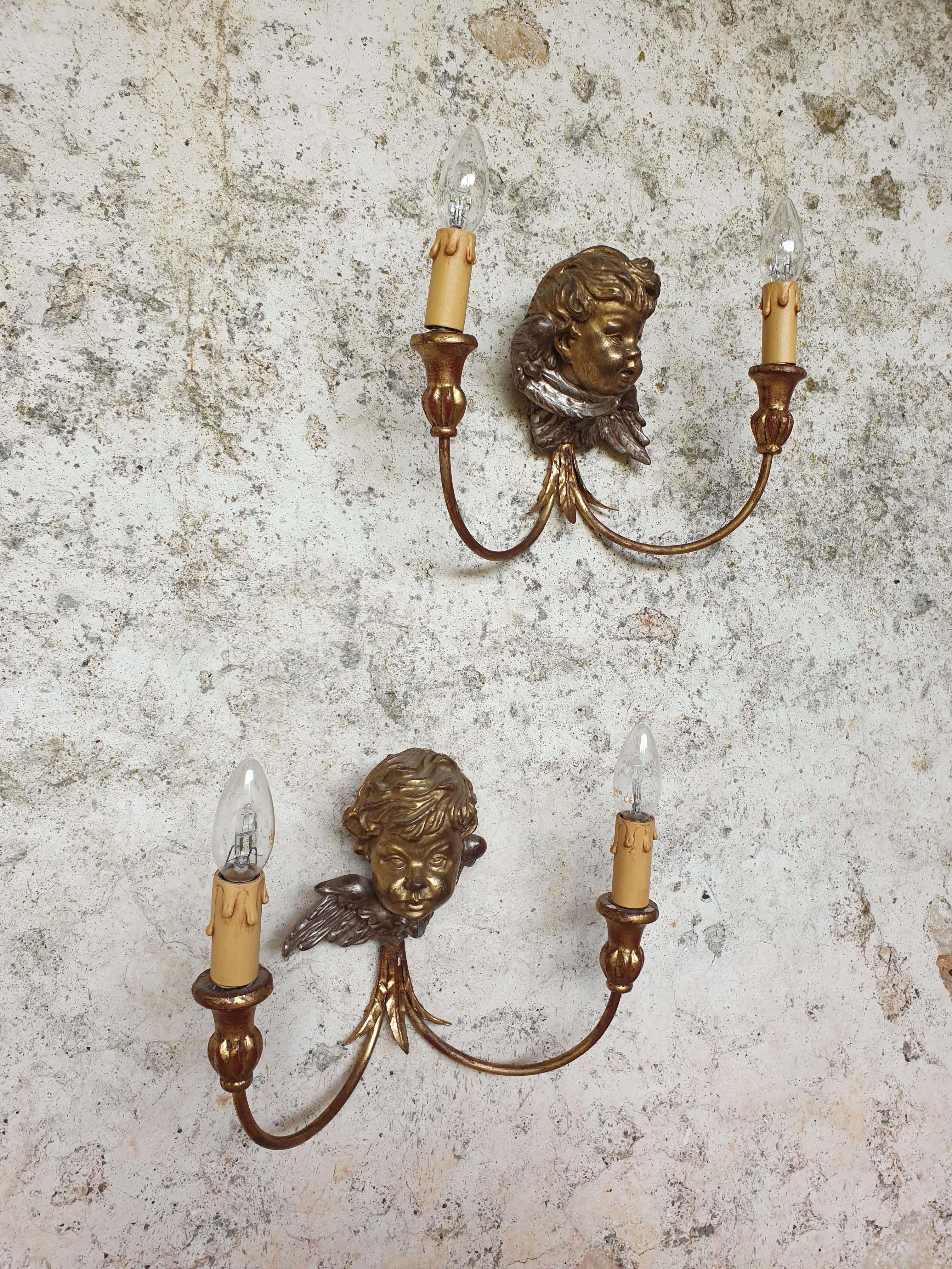 Antique Wall Sconces Gold French Cherub Wooden Bust Lights For Sale 5