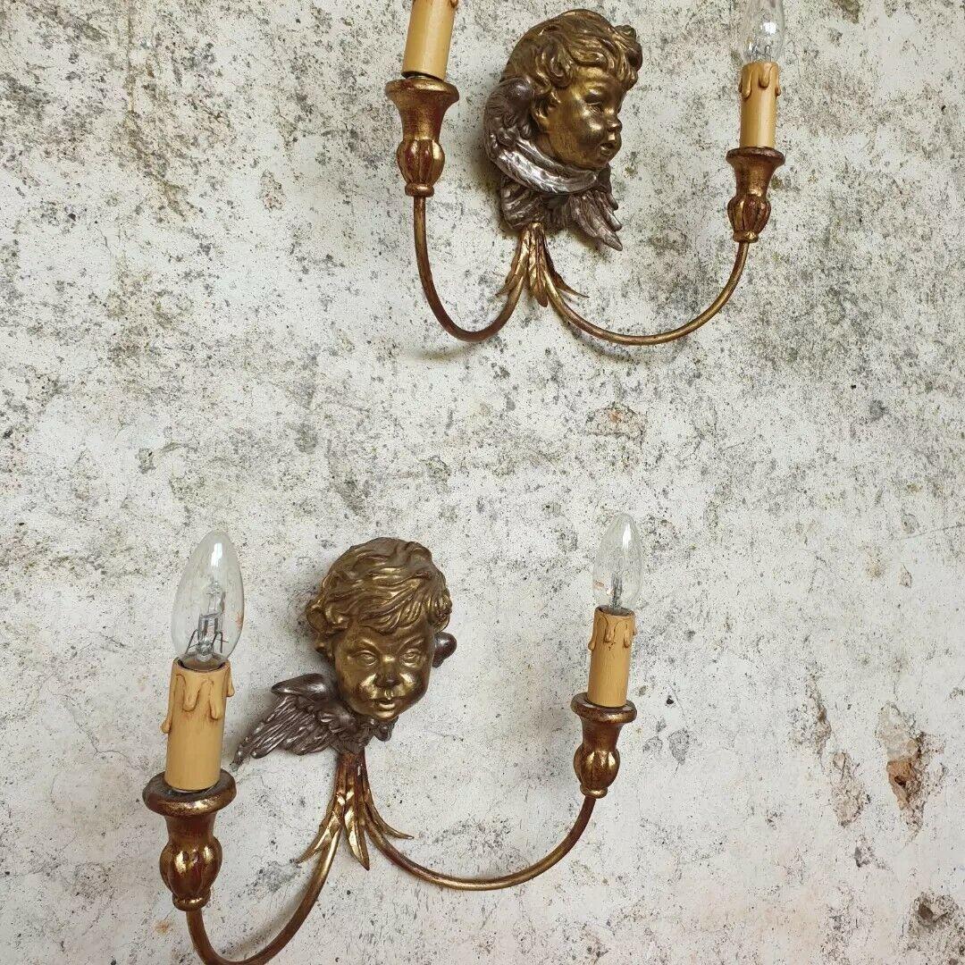 Baroque Antique Wall Sconces Gold French Cherub Wooden Bust Lights For Sale
