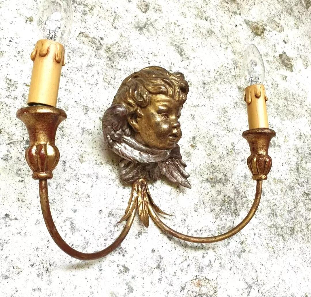 Baroque Antique Wall Sconces Gold French Cherub Wooden Bust Lights For Sale