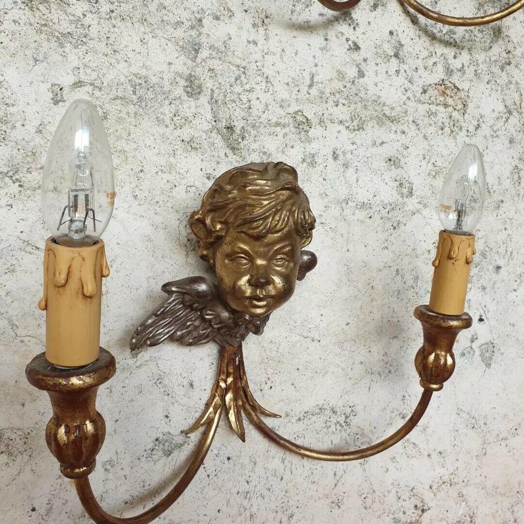 Gilt Antique Wall Sconces Gold French Cherub Wooden Bust Lights For Sale
