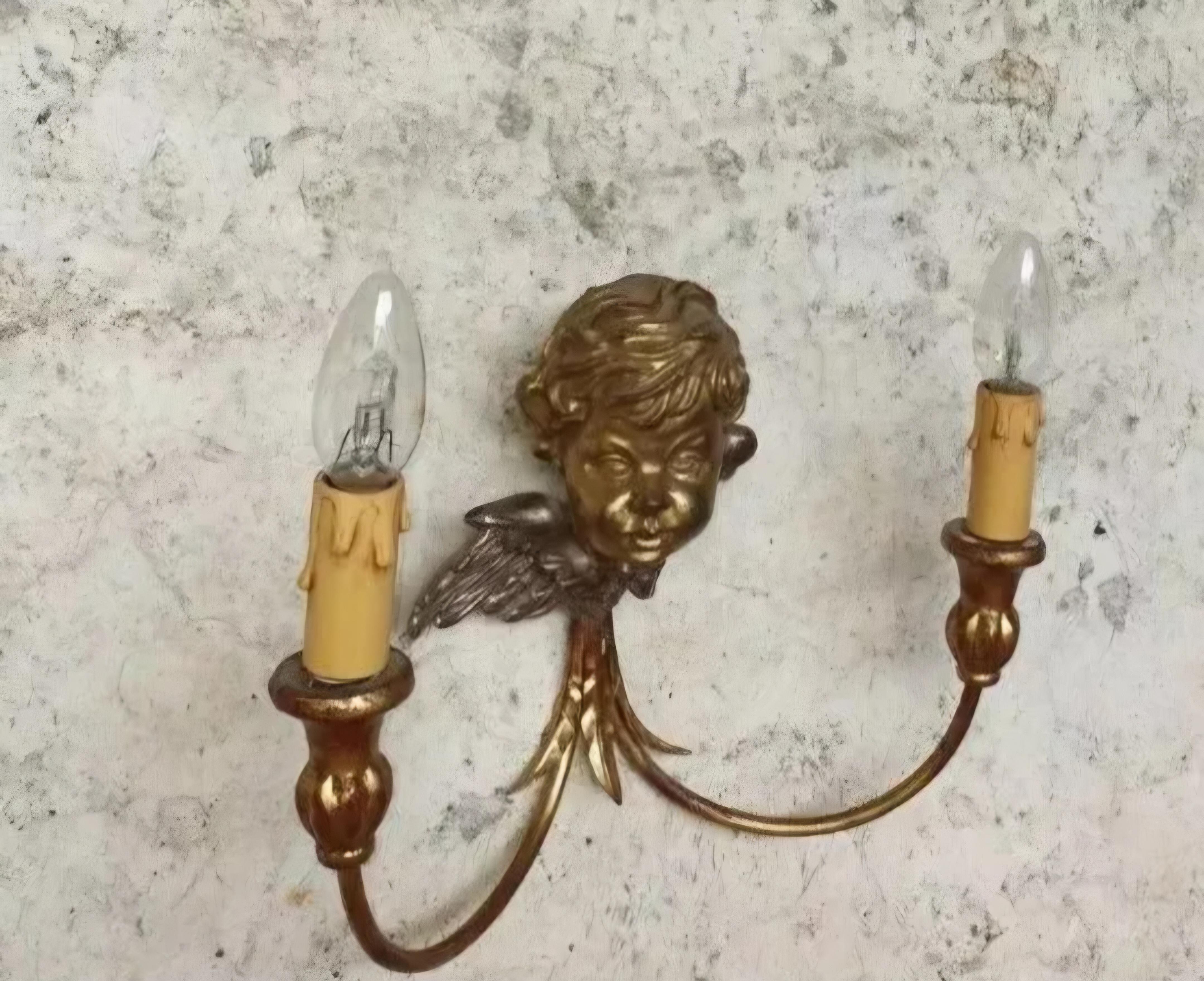 Hand-Carved Antique Wall Sconces Gold French Cherub Wooden Bust Lights For Sale
