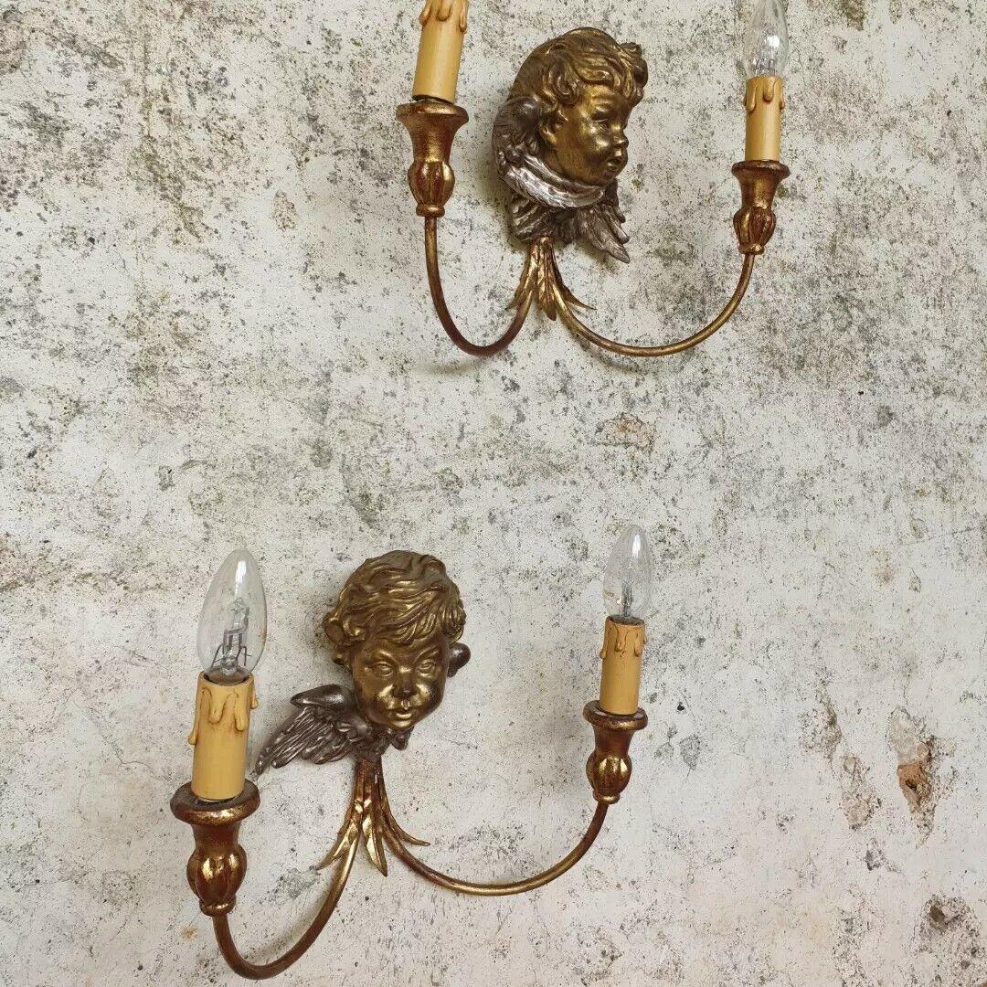 Antique Wall Sconces Gold French Cherub Wooden Bust Lights In Good Condition For Sale In Buxton, GB