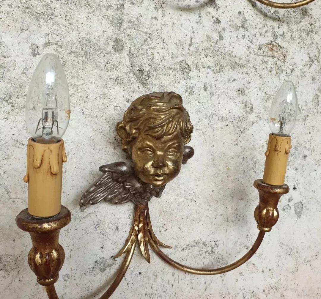 Antique Wall Sconces Gold French Cherub Wooden Bust Lights In Good Condition For Sale In Buxton, GB