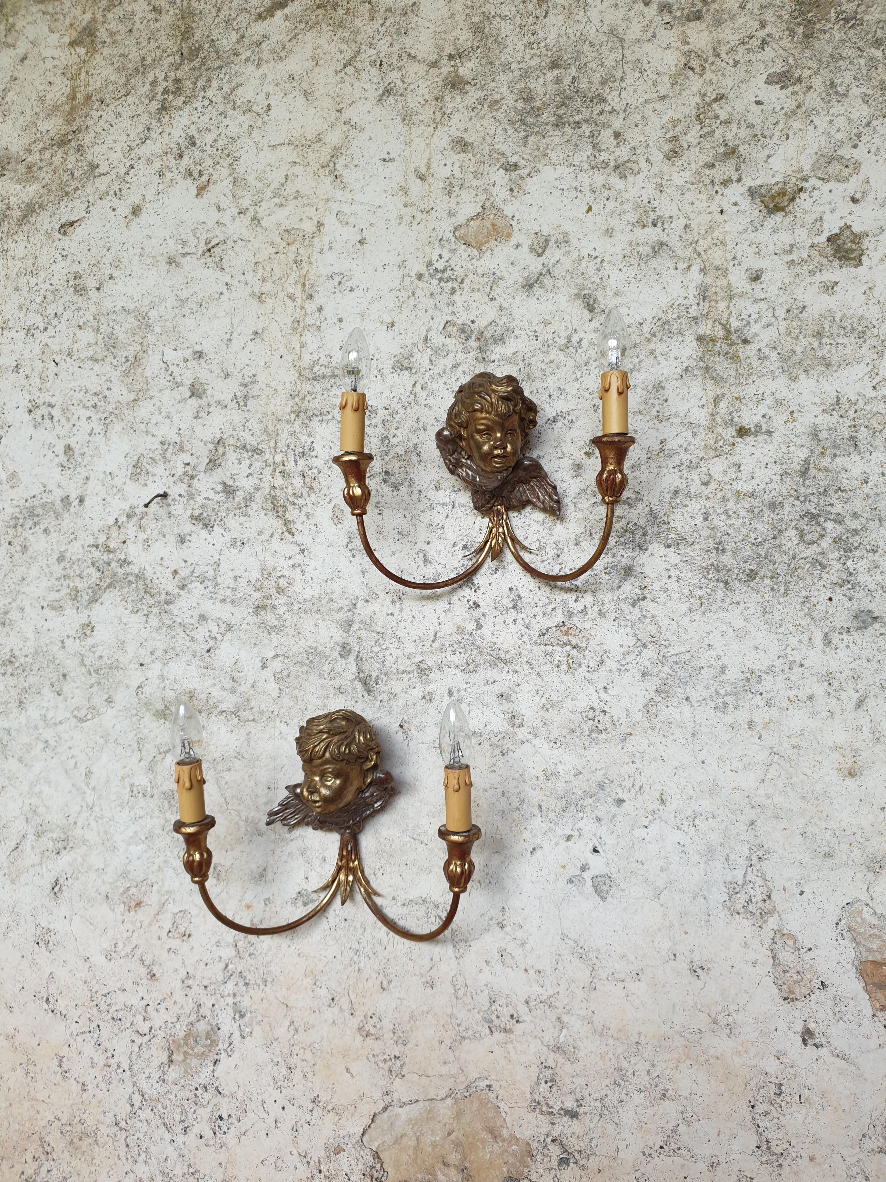 19th Century Antique Wall Sconces Gold French Cherub Wooden Bust Lights For Sale