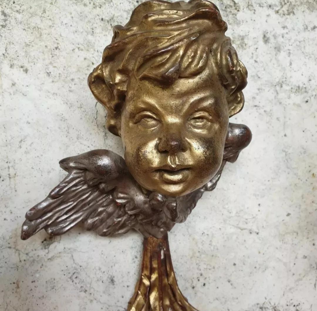 19th Century Antique Wall Sconces Gold French Cherub Wooden Bust Lights For Sale