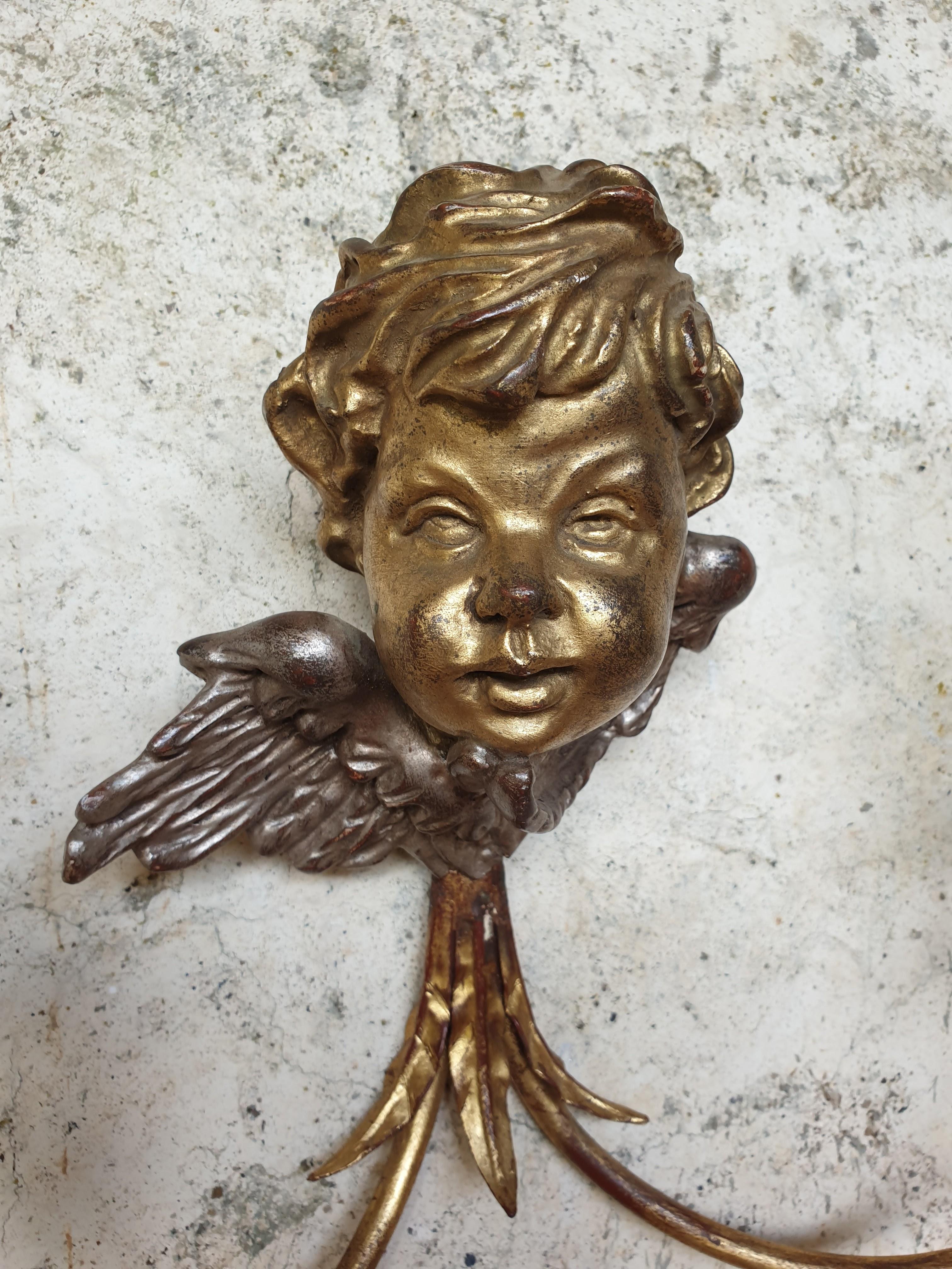 Antique Wall Sconces Gold French Cherub Wooden Bust Lights For Sale 1