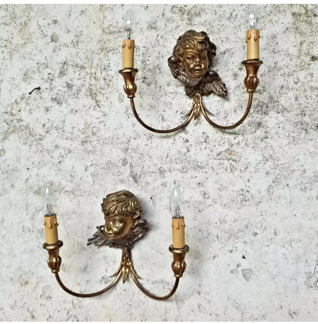 Antique Wall Sconces Gold French Cherub Wooden Bust Lights For Sale 1
