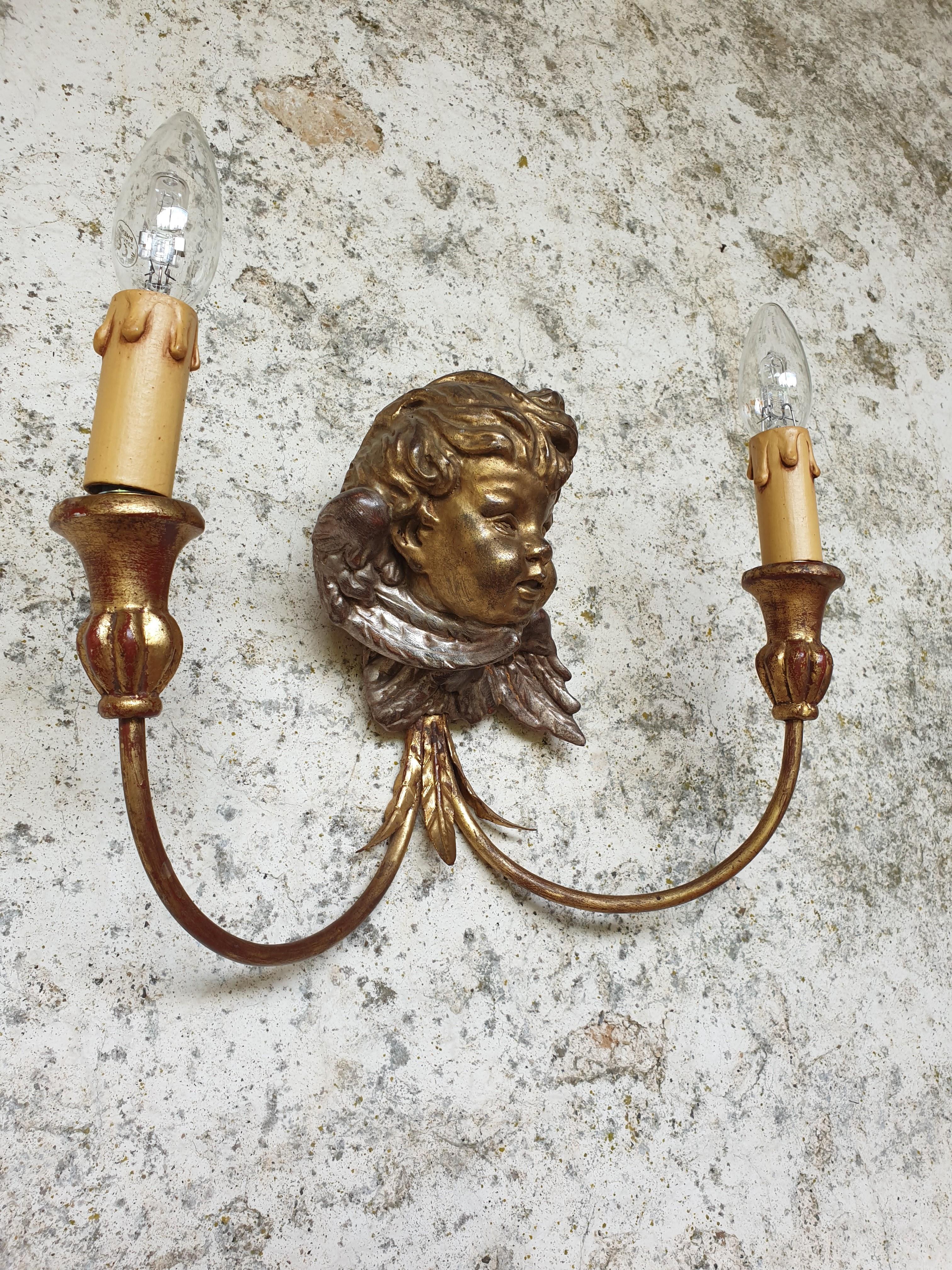 Antique Wall Sconces Gold French Cherub Wooden Bust Lights For Sale 2